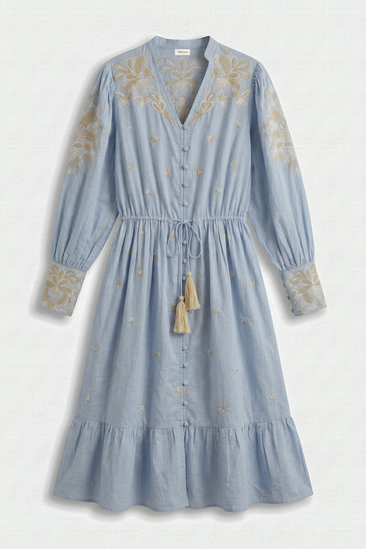 Blue dress with floral embroidery on a white background