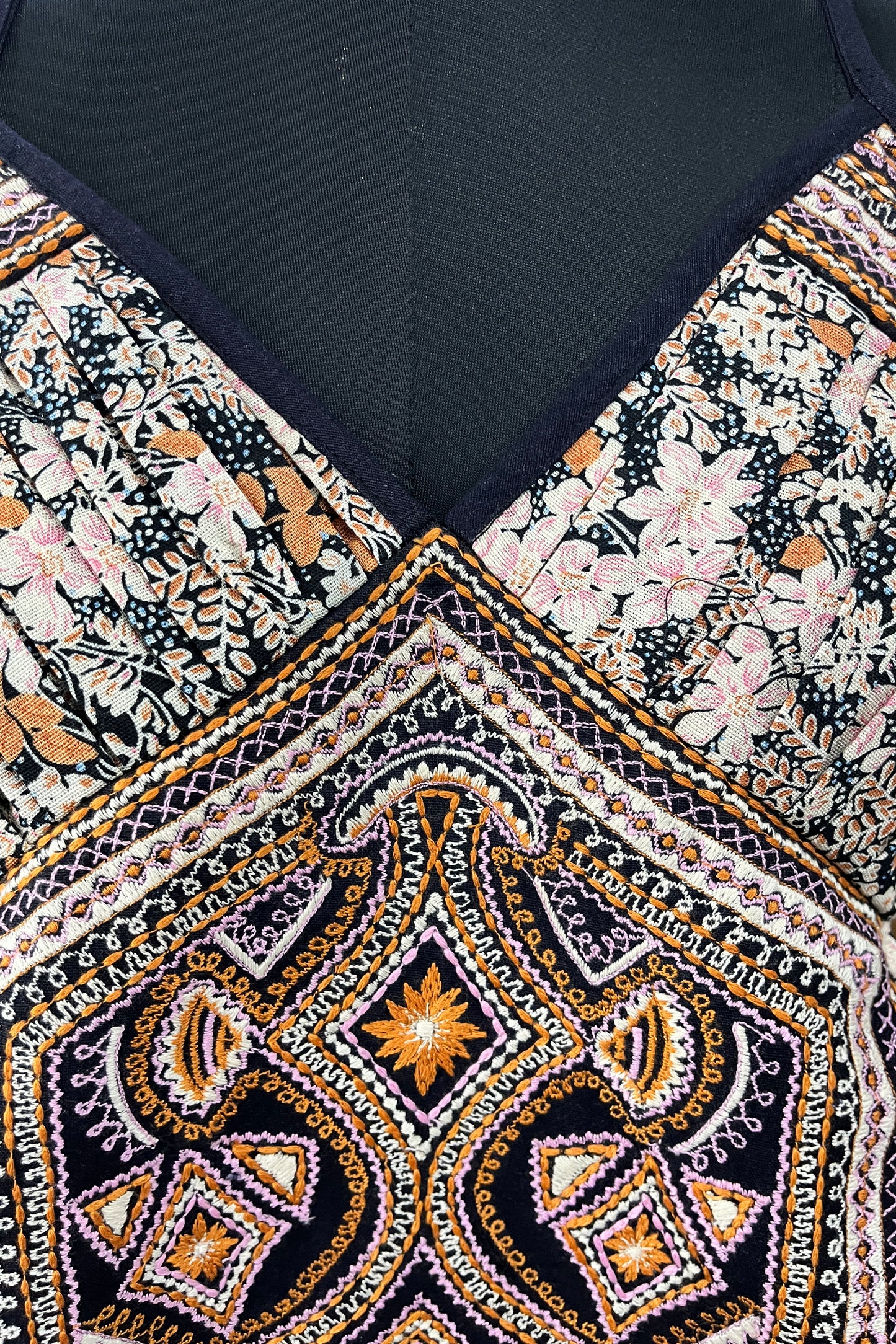 Close-up of a patterned garment with geometric and floral designs.