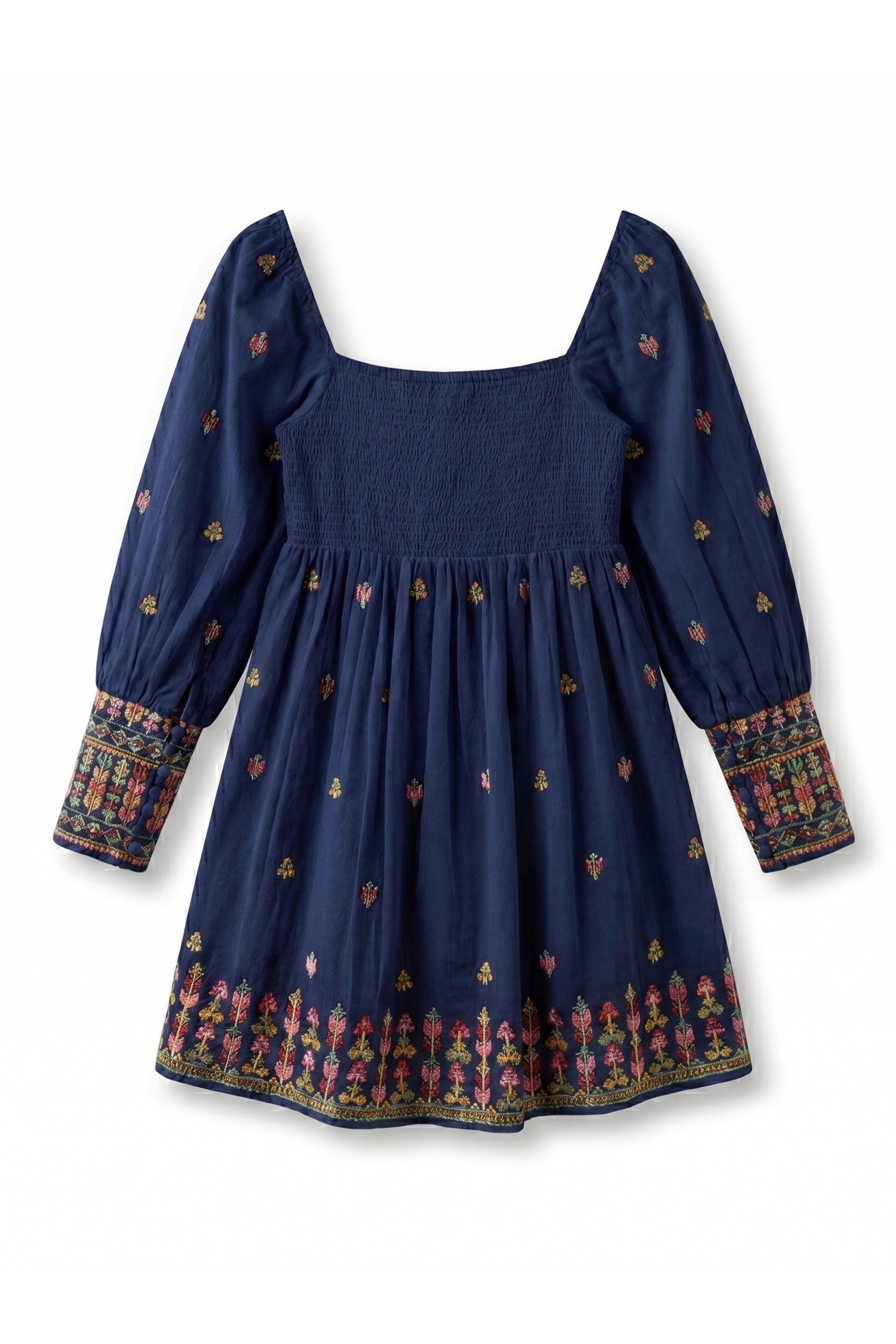 Navy blue dress with colorful patterns on a white background