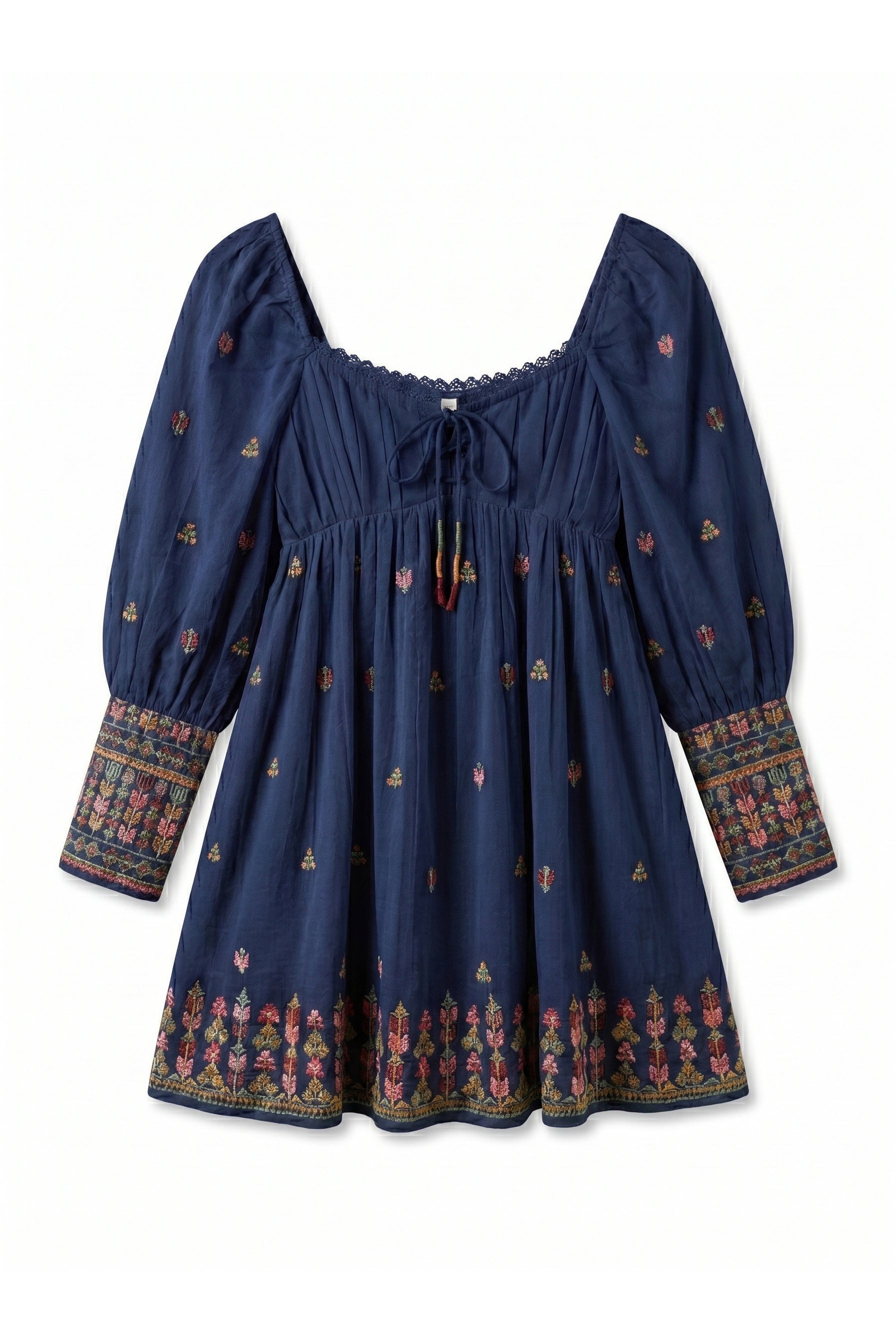 Navy blue dress with floral patterns on a white background