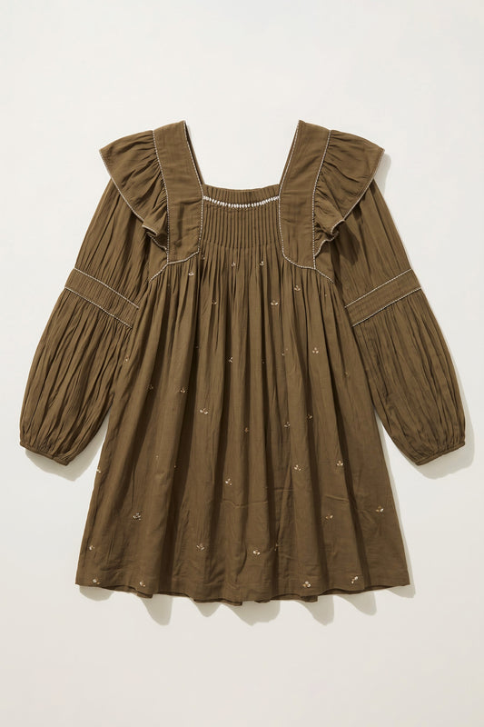 Inaya dark olive green mini dress in double viscose georgette with sequin handwork embroidery, pleated bodice and voluminous sleeves
