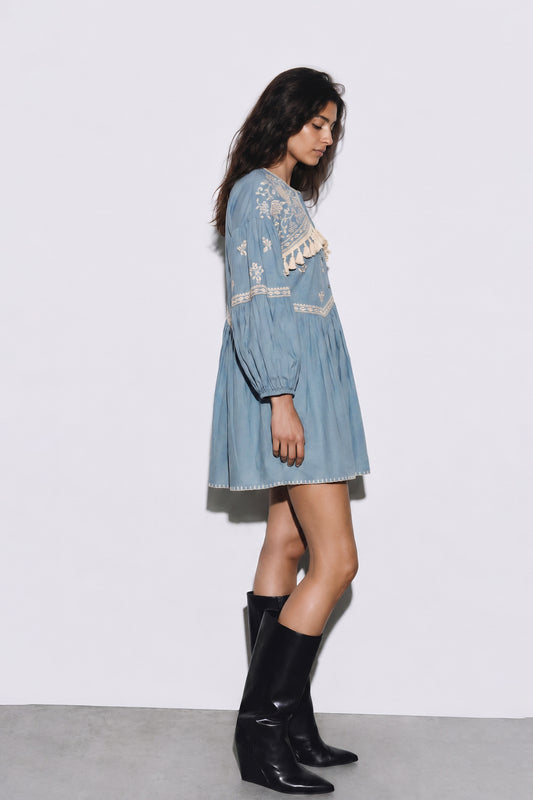 Indigo Meadow Embroidered Short Dress