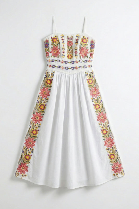 White dress with colorful floral embroidery on a white background
