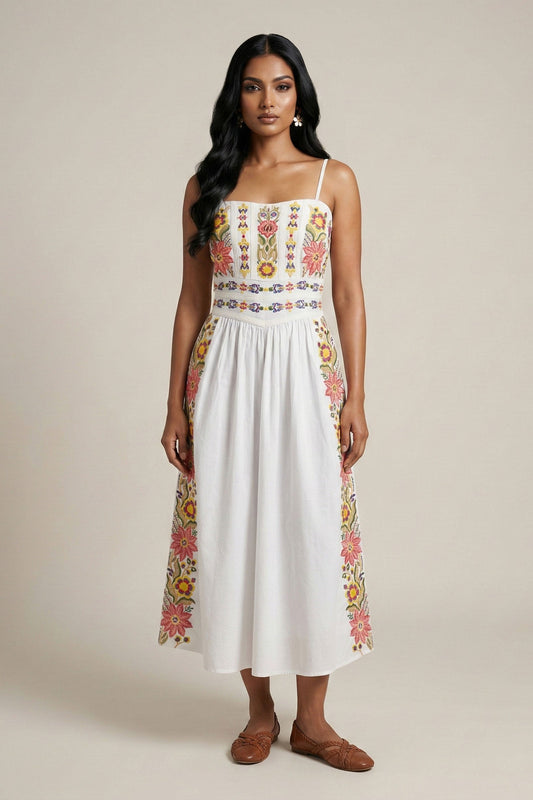 Woman wearing a white dress with floral embroidery on a beige background