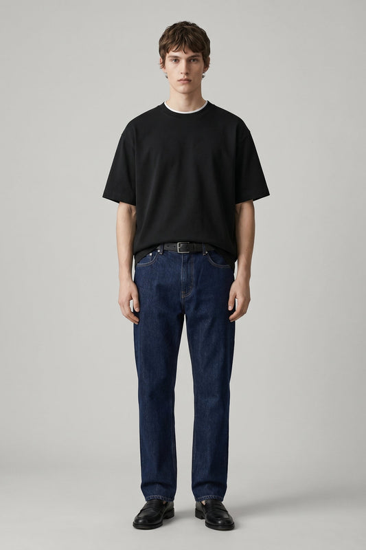 Man wearing a black t-shirt and blue jeans on a gray background
