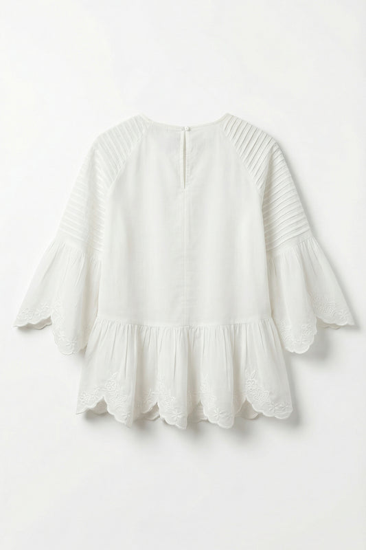 White blouse with ruffled details on a white background