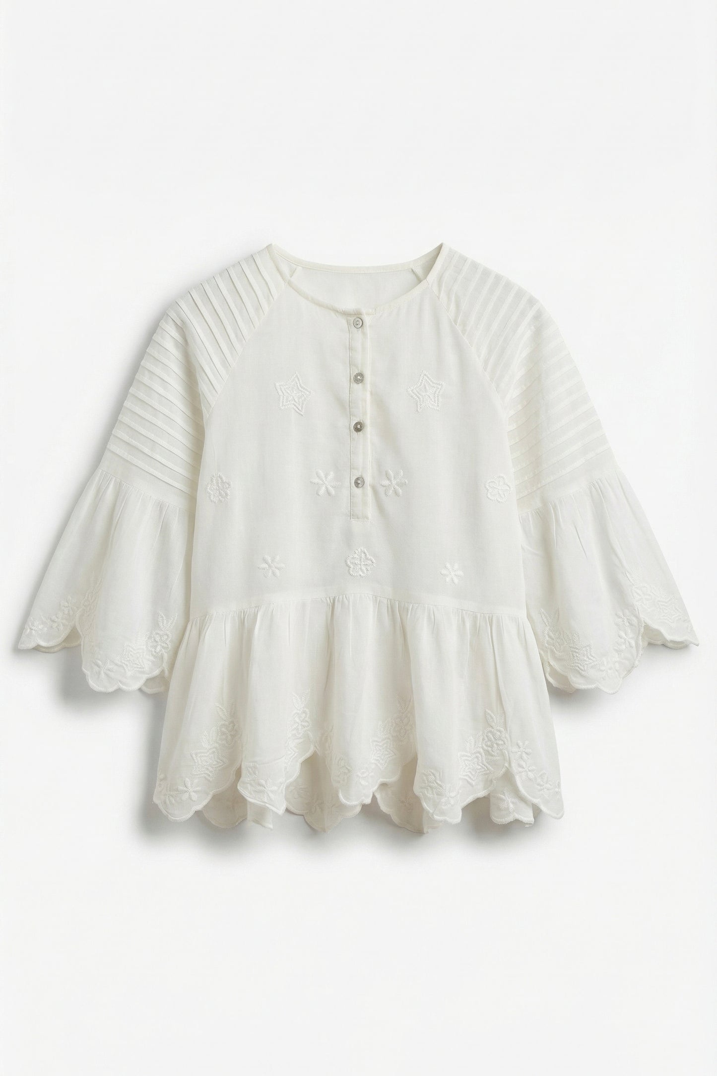 White blouse with ruffled sleeves on a white background