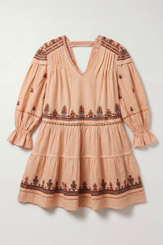 Julian dusty pink cotton slub mini dress with multicolour embroidered borders, lace detailing, tiered skirt and open back