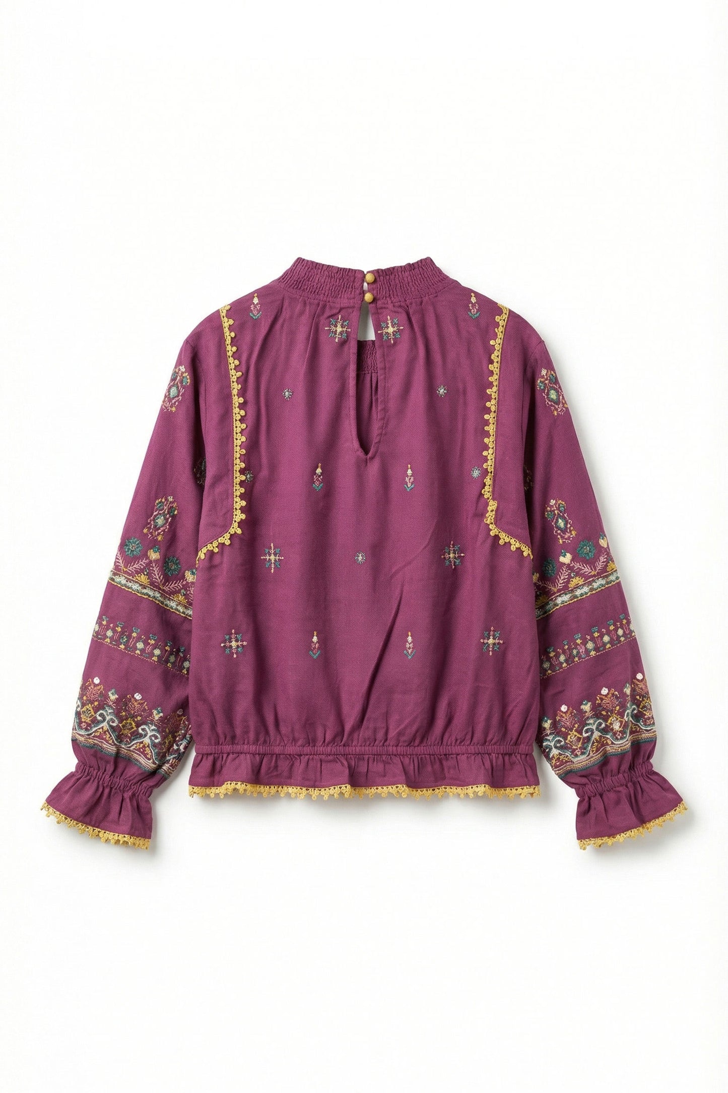 Purple blouse with intricate patterns on a white background