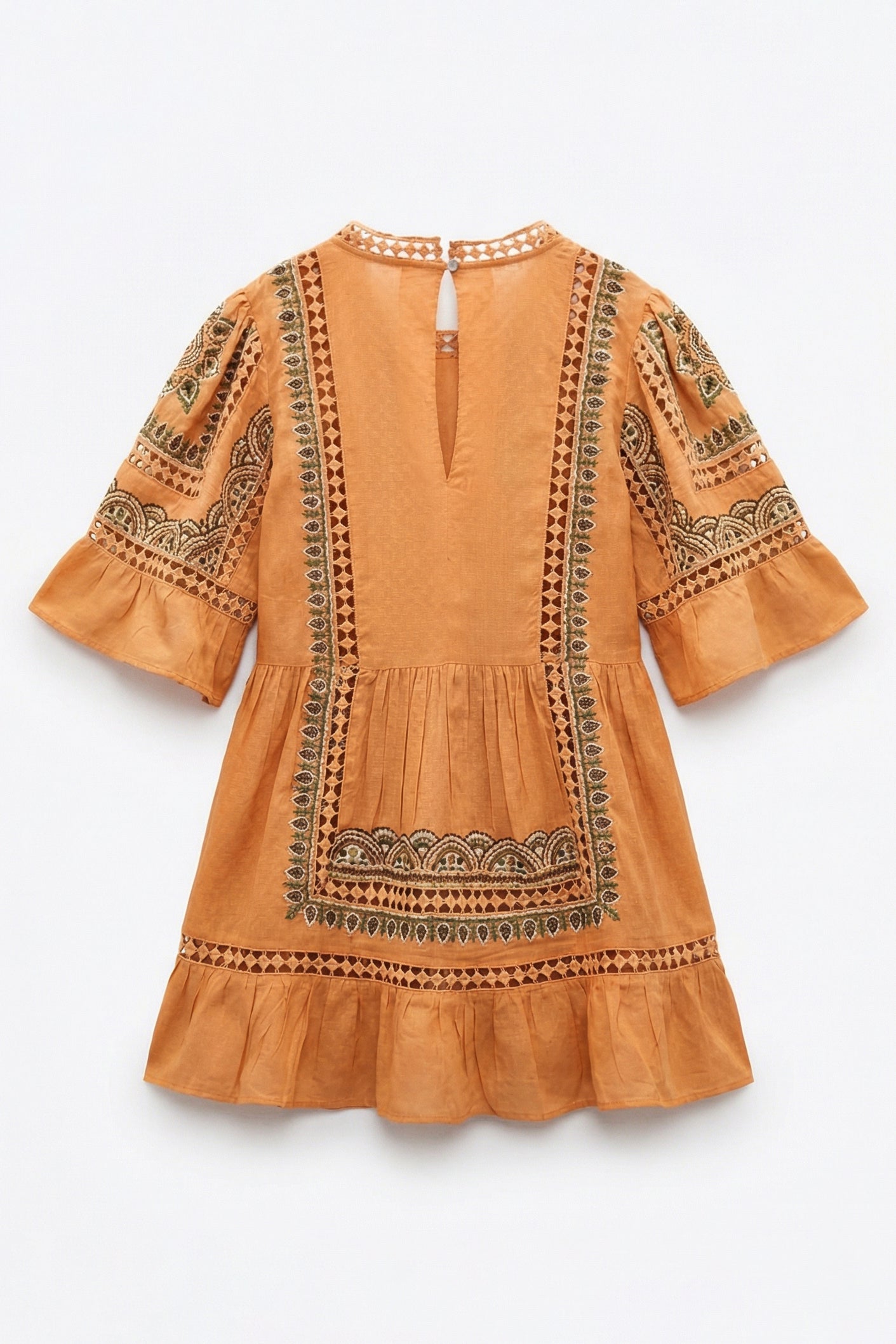 Orange dress with intricate black embroidery on a white background