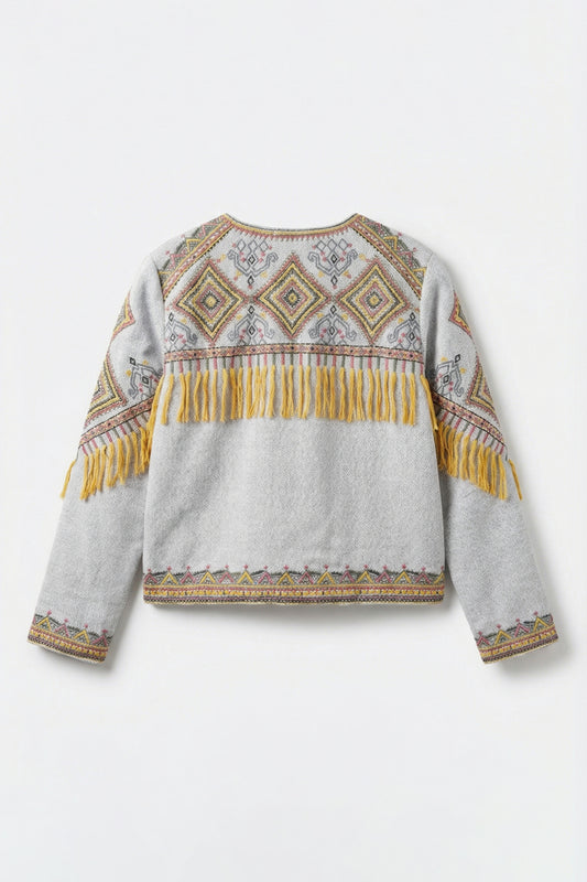 Gray sweater with yellow fringe and pattern on a white background
