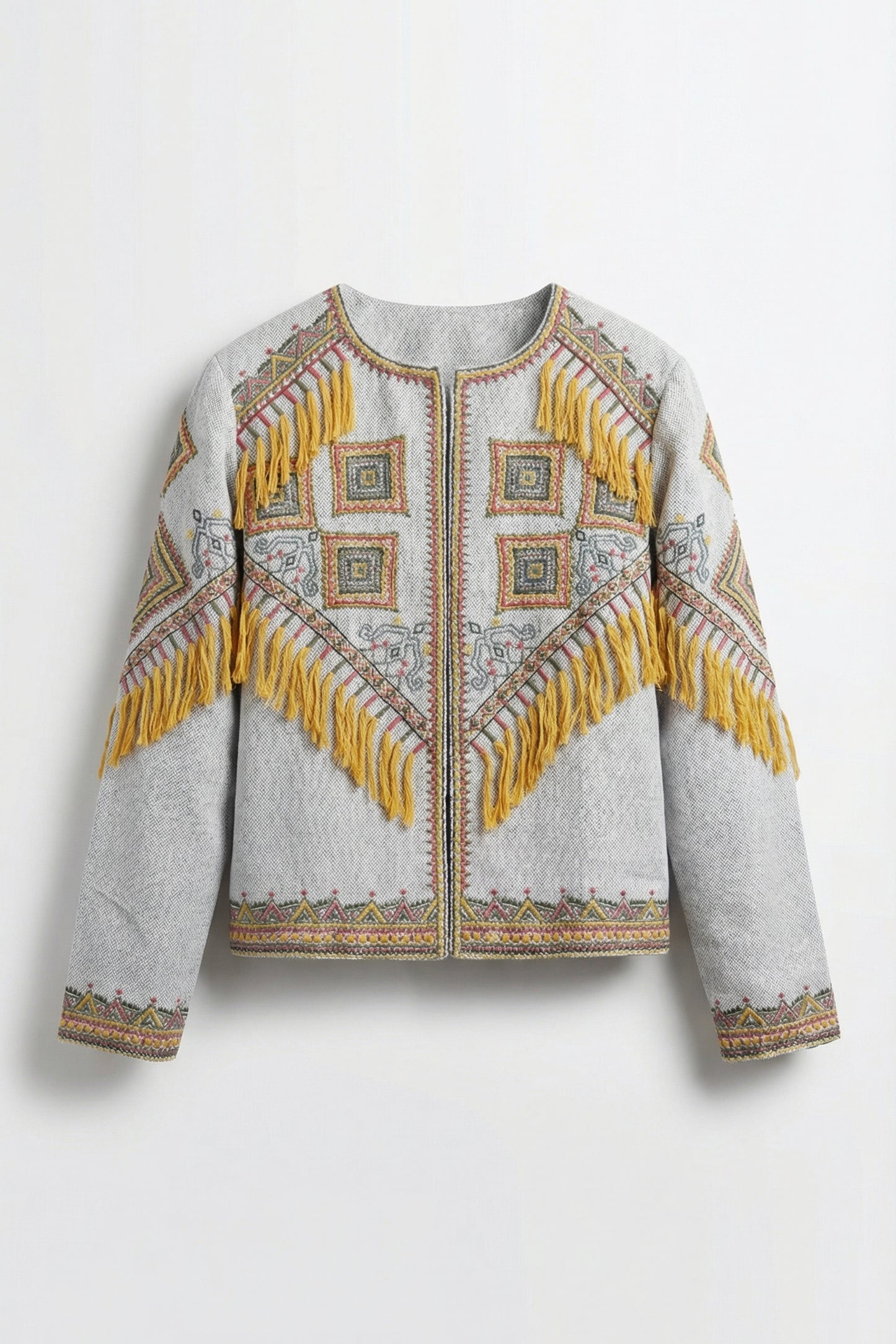 Gray jacket with yellow and multicolor patterns on a white background