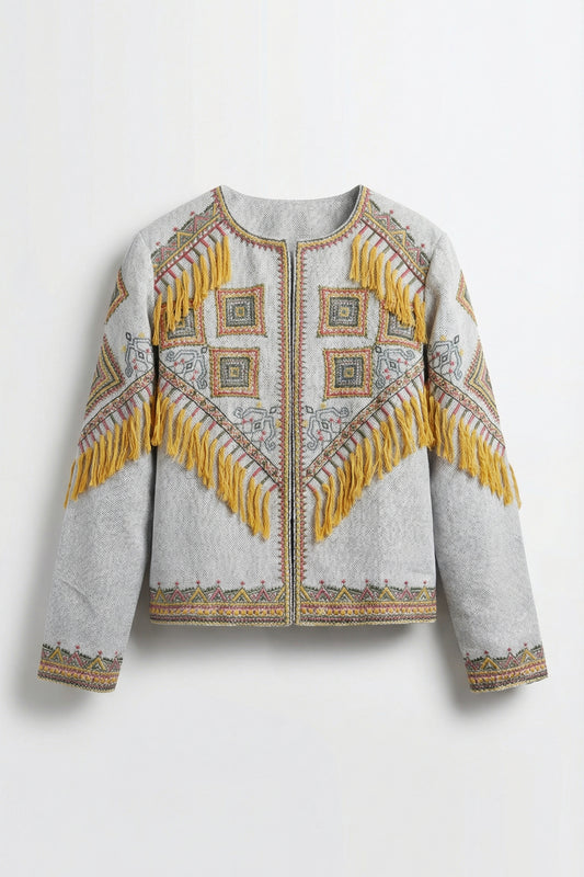 Gray jacket with yellow and multicolor patterns on a white background