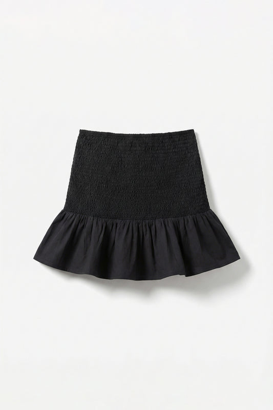 Black skirt with ruffled hem on a white background
