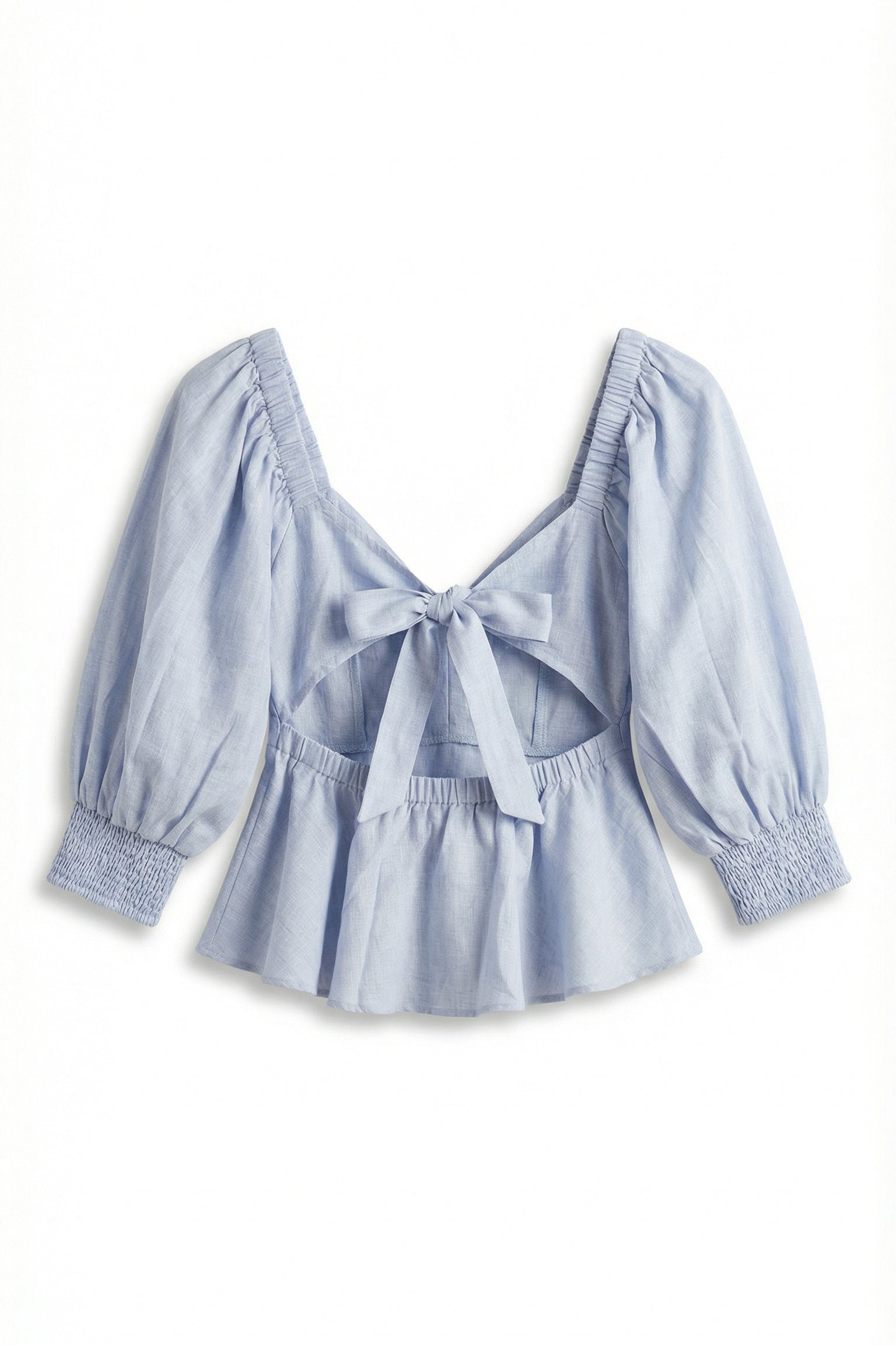 Light blue striped blouse with a tie detail on a white background