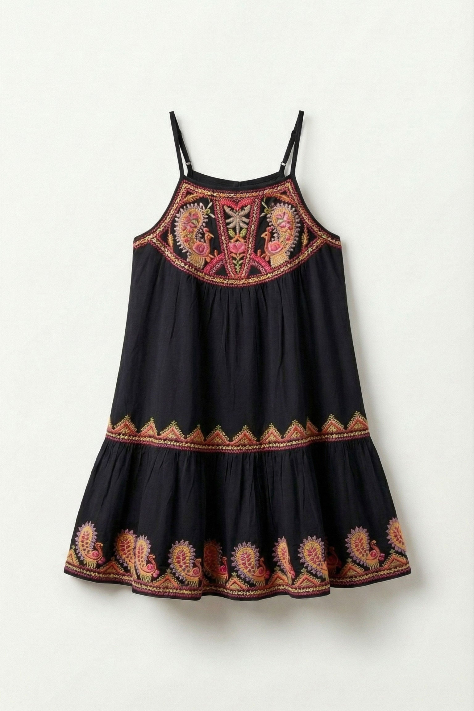 Black dress with colorful embroidery on a white background