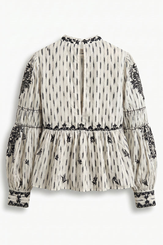 Back view of Olivia Embroidered Boho Blouse for women showcasing premium cotton fabric, keyhole button closure, embroidered neckline, and relaxed peplum silhouette.
