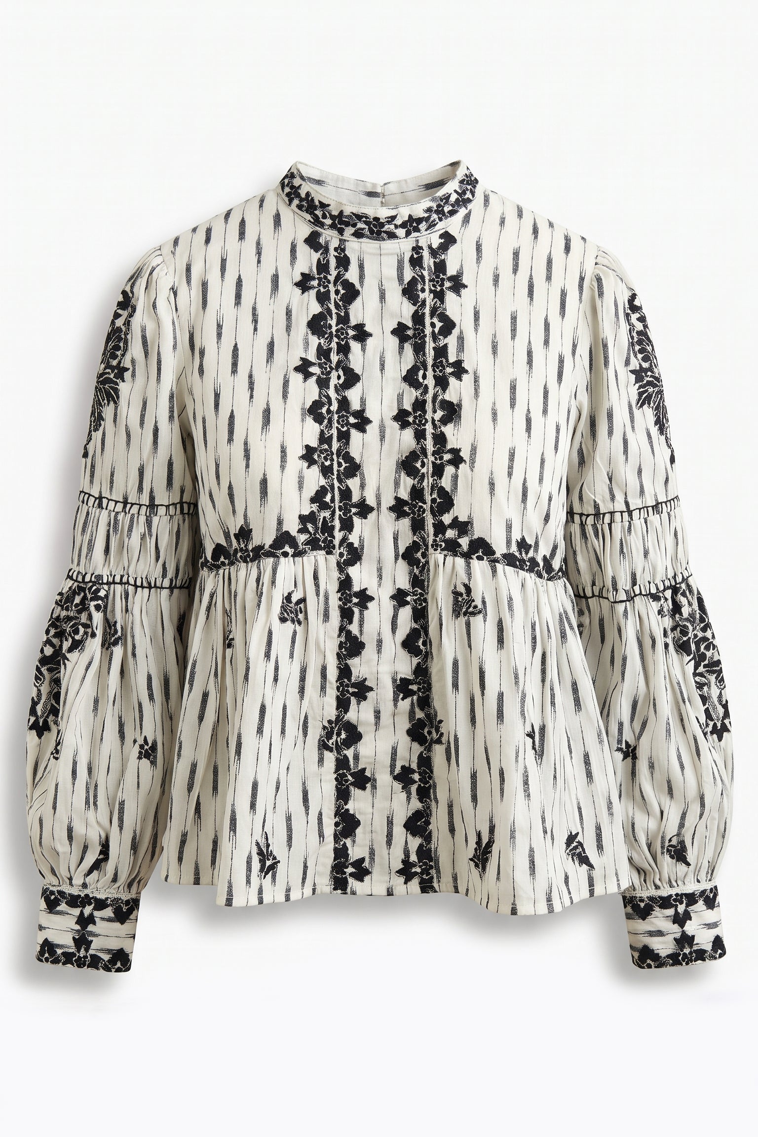 Olivia Embroidered Boho Blouse for women in premium cotton featuring black floral embroidery, high neck, balloon sleeves, and an ivory boho silhouette.