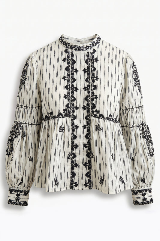 Olivia Embroidered Boho Blouse for women in premium cotton featuring black floral embroidery, high neck, balloon sleeves, and an ivory boho silhouette.