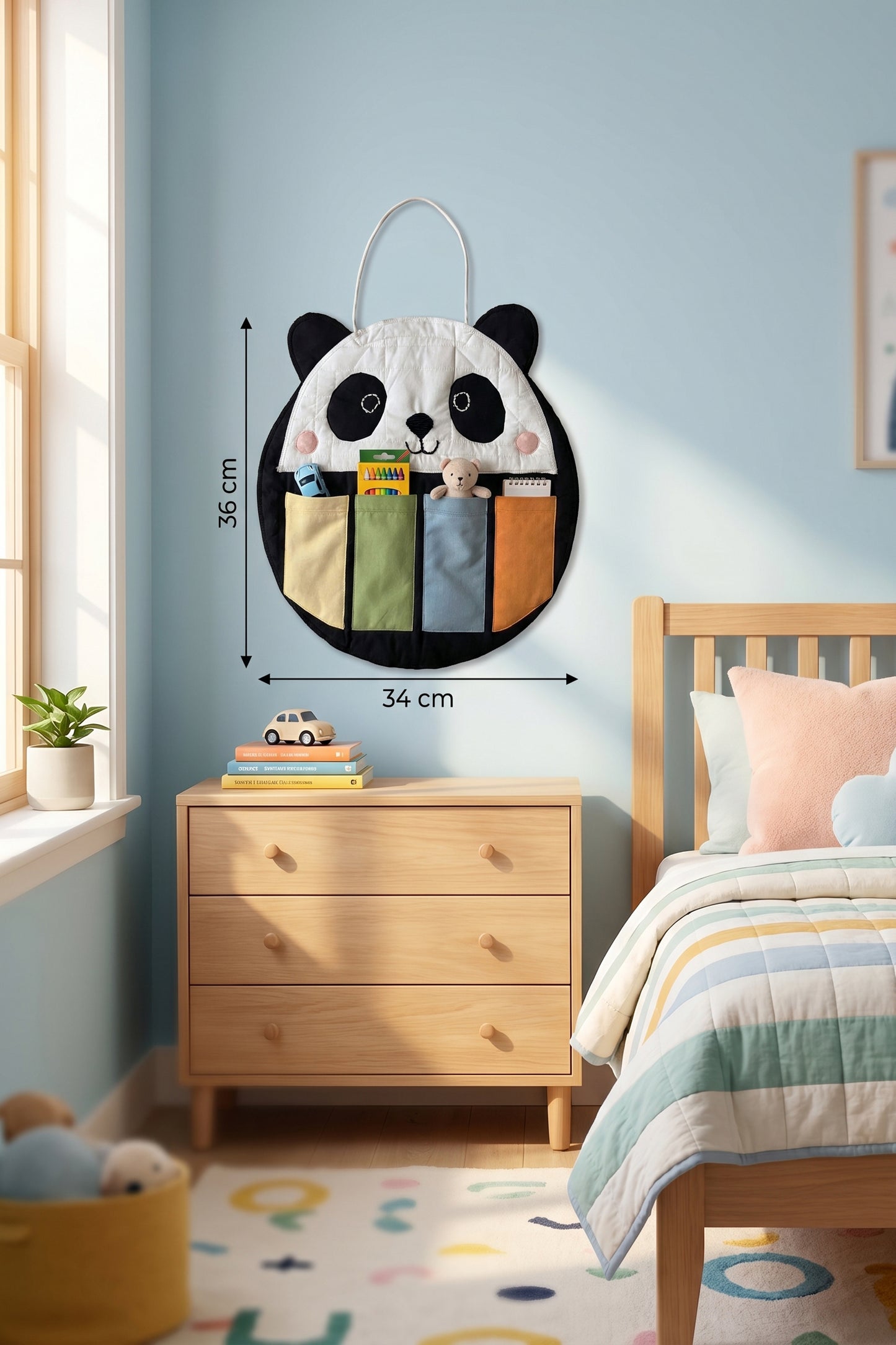 Panda Fabric Wall Organizer for Kids Room | Handmade Cotton Hanging Pocket Organizer