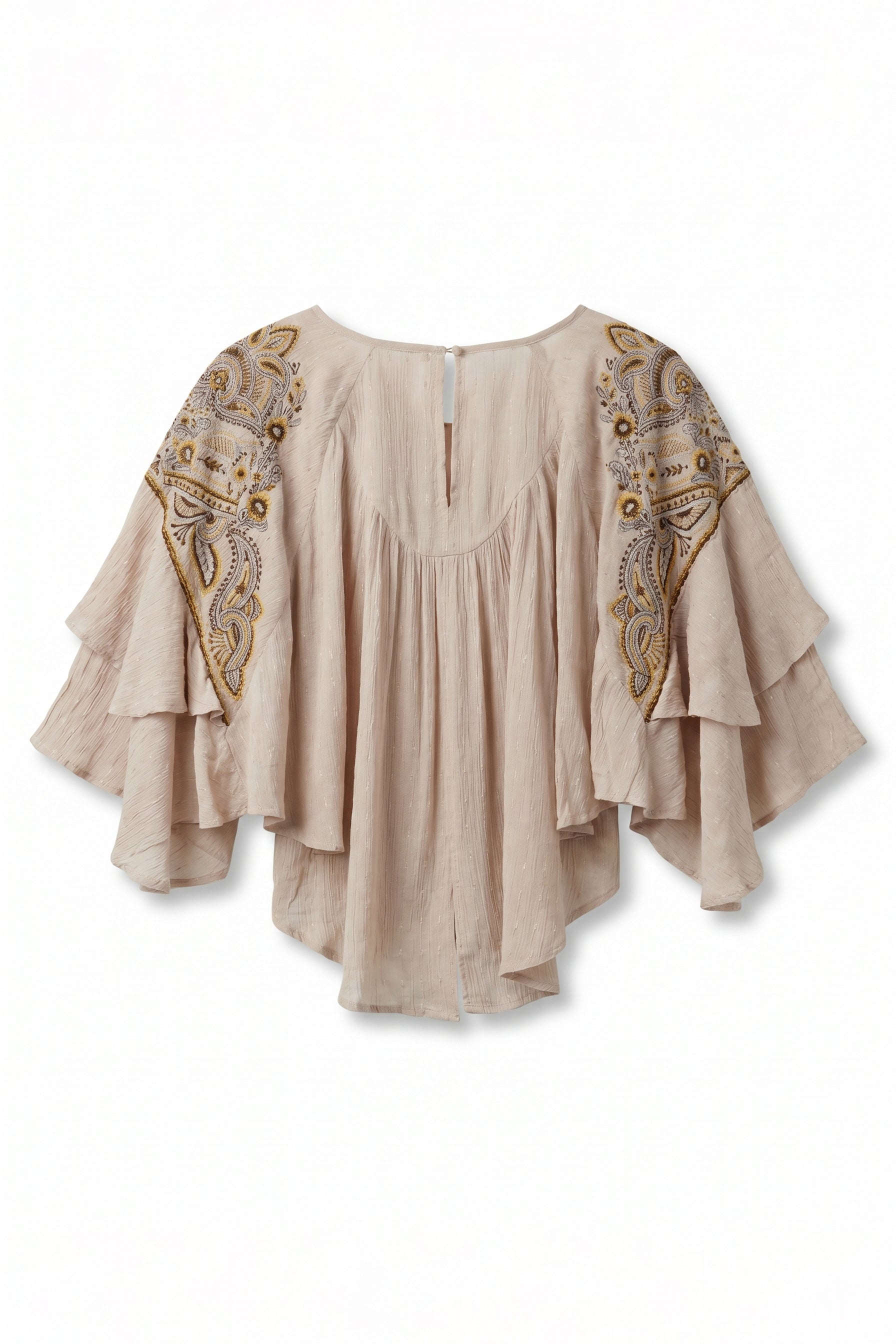 Beige blouse with intricate gold patterns on a white background