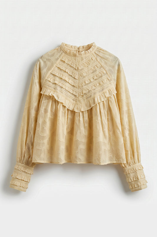 Renata Backless Top for women in sand viscose georgette jacquard featuring lace detailing, ruffle yoke, high neckline, bishop sleeves, and a relaxed boho silhouette.