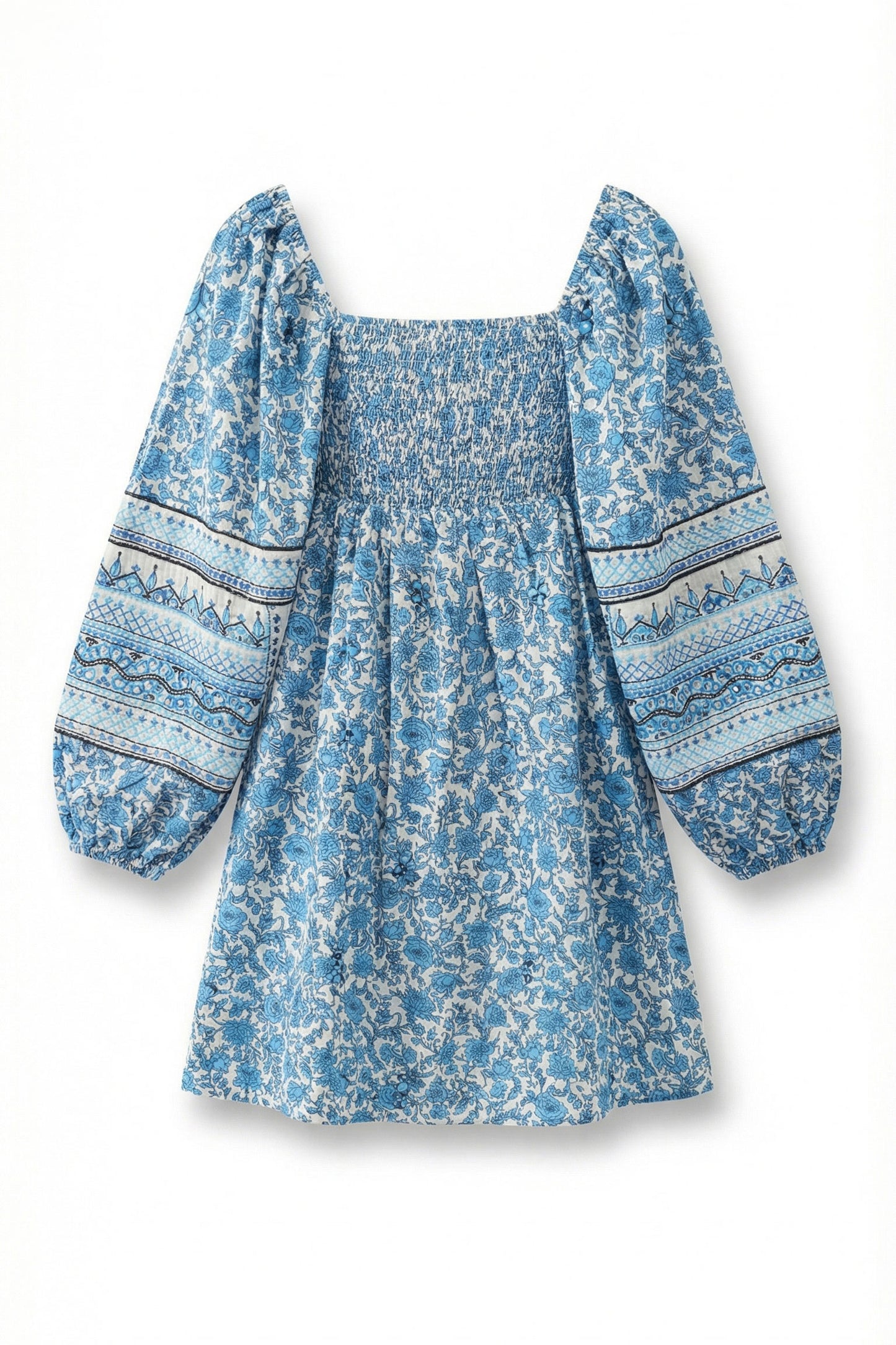 Blue floral dress with patterned sleeves on a white background