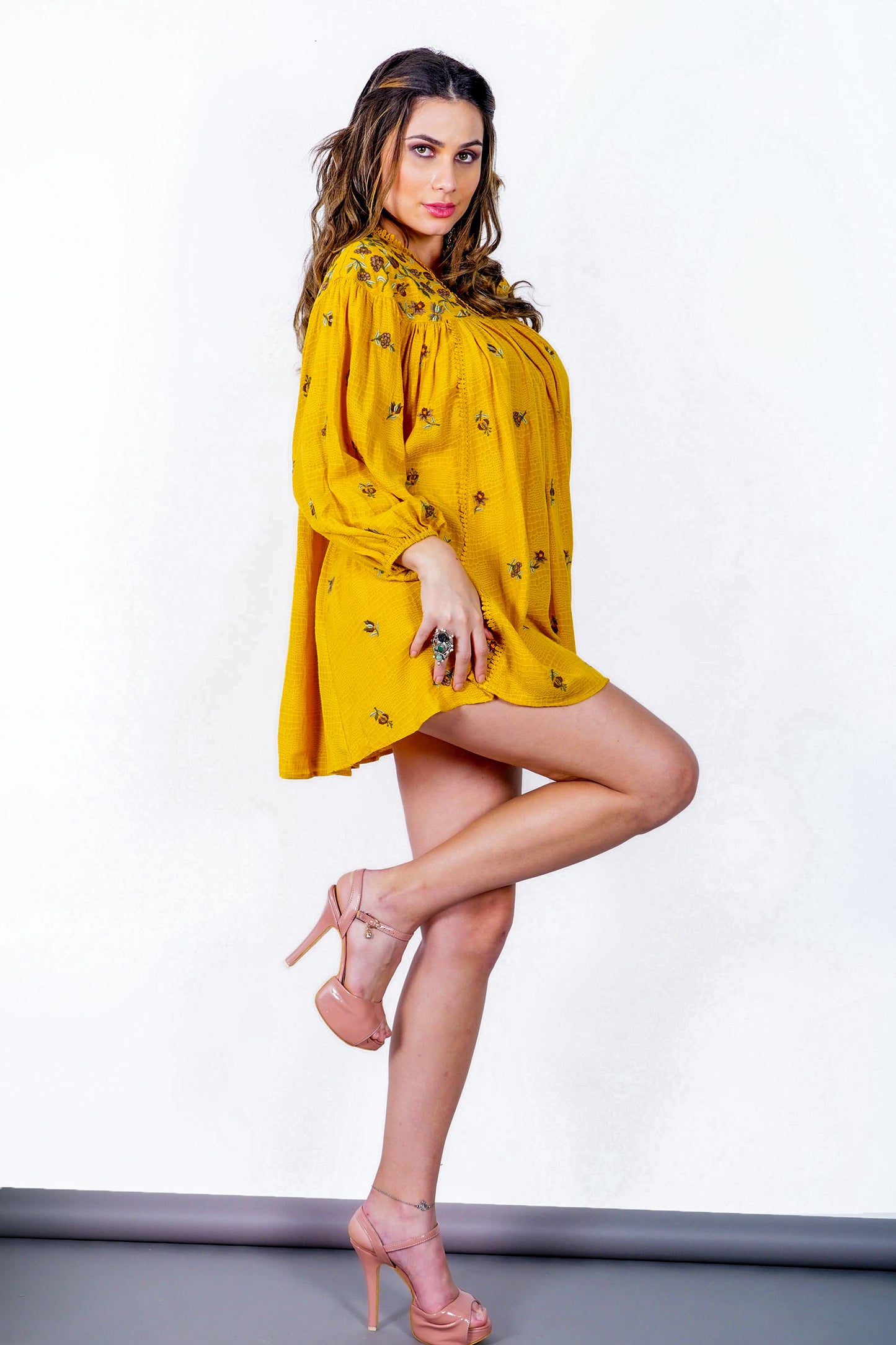 Sunforest Yellow Mini Dress (Embroidered)