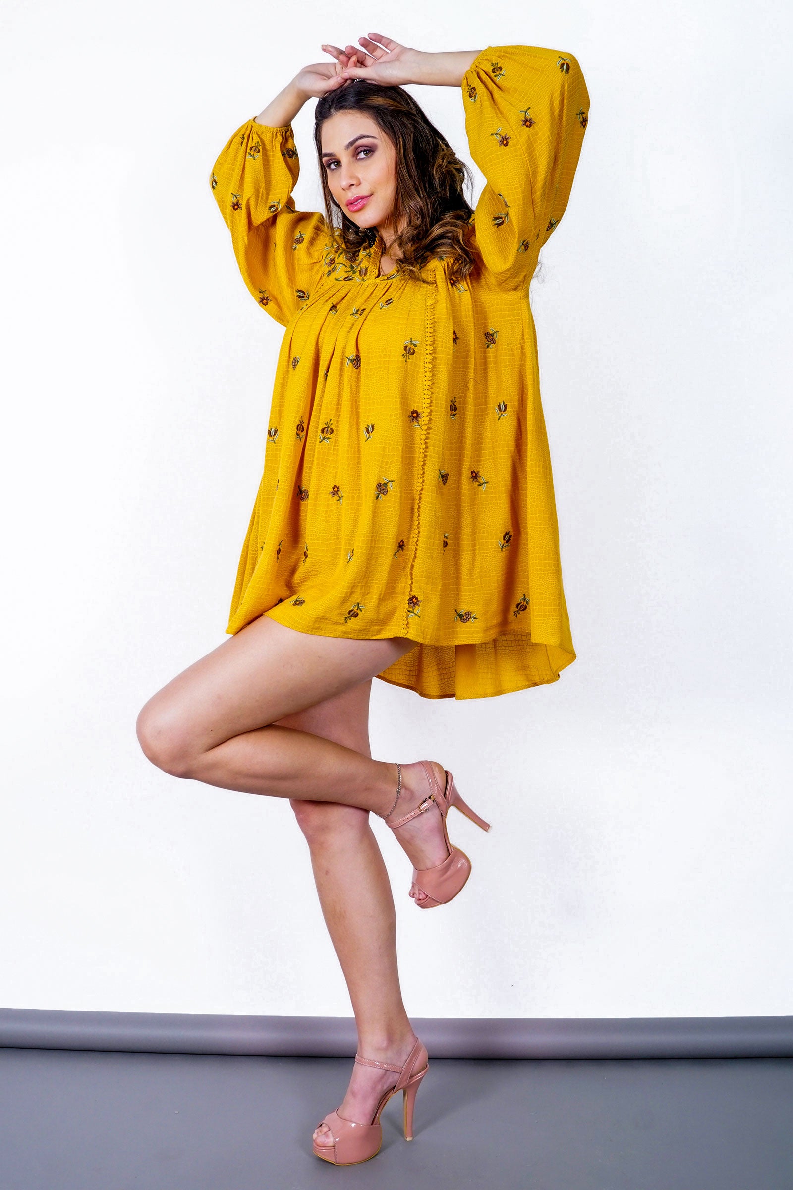 Sunforest Yellow Mini Dress (Embroidered)
