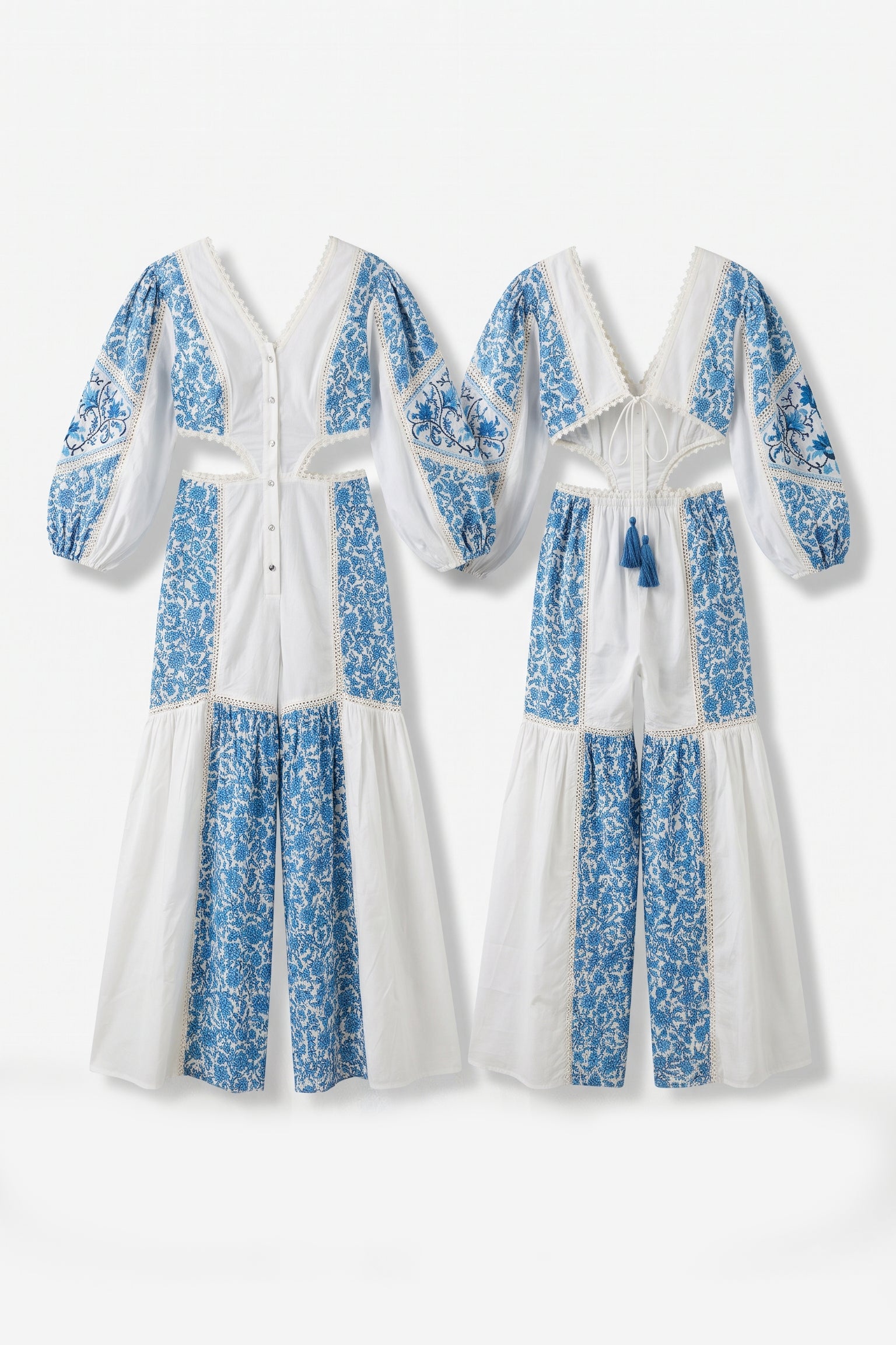 Women's long jumpsuit with embroidery and lace details.