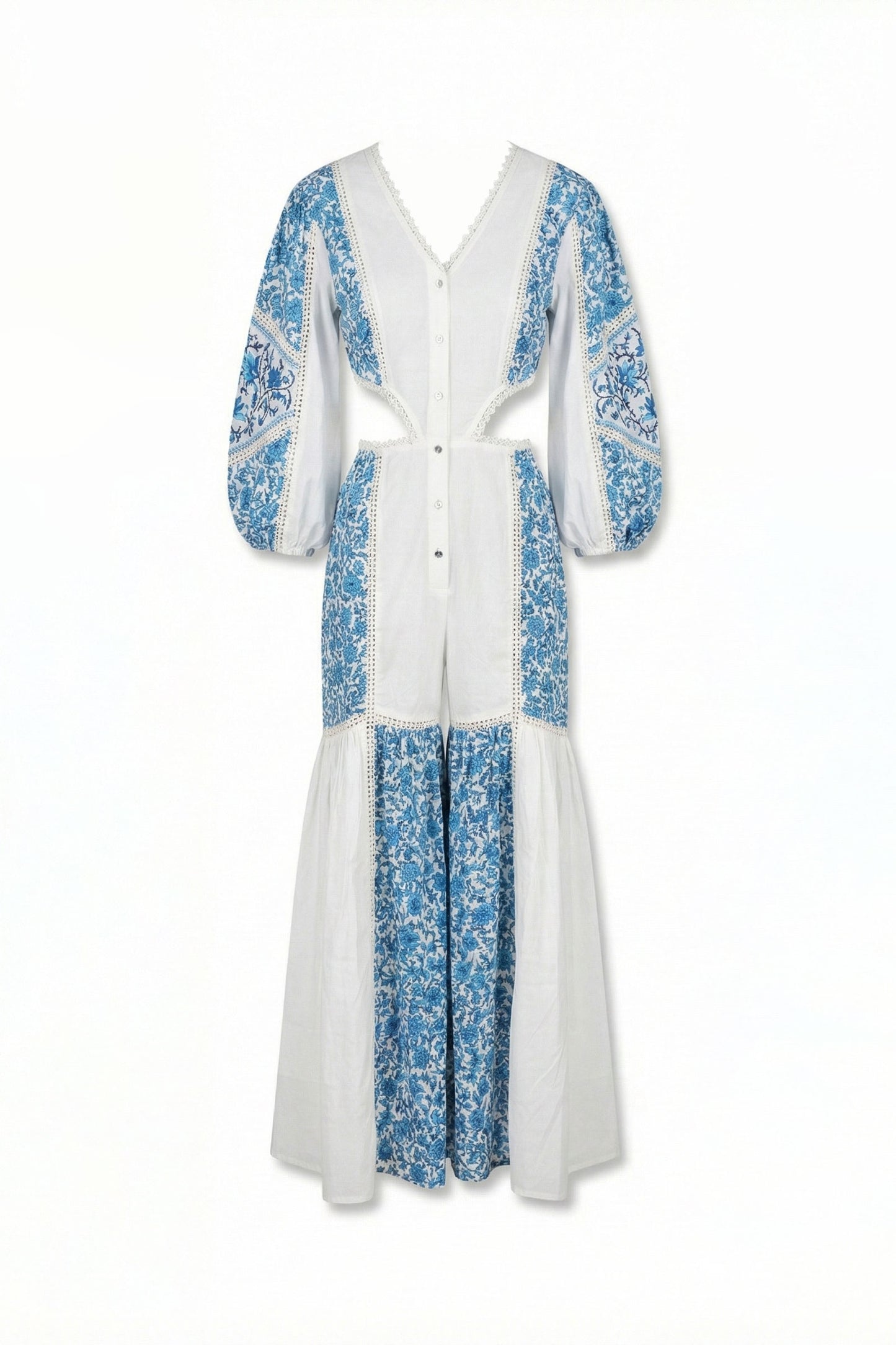 White dress with blue floral pattern on a white background