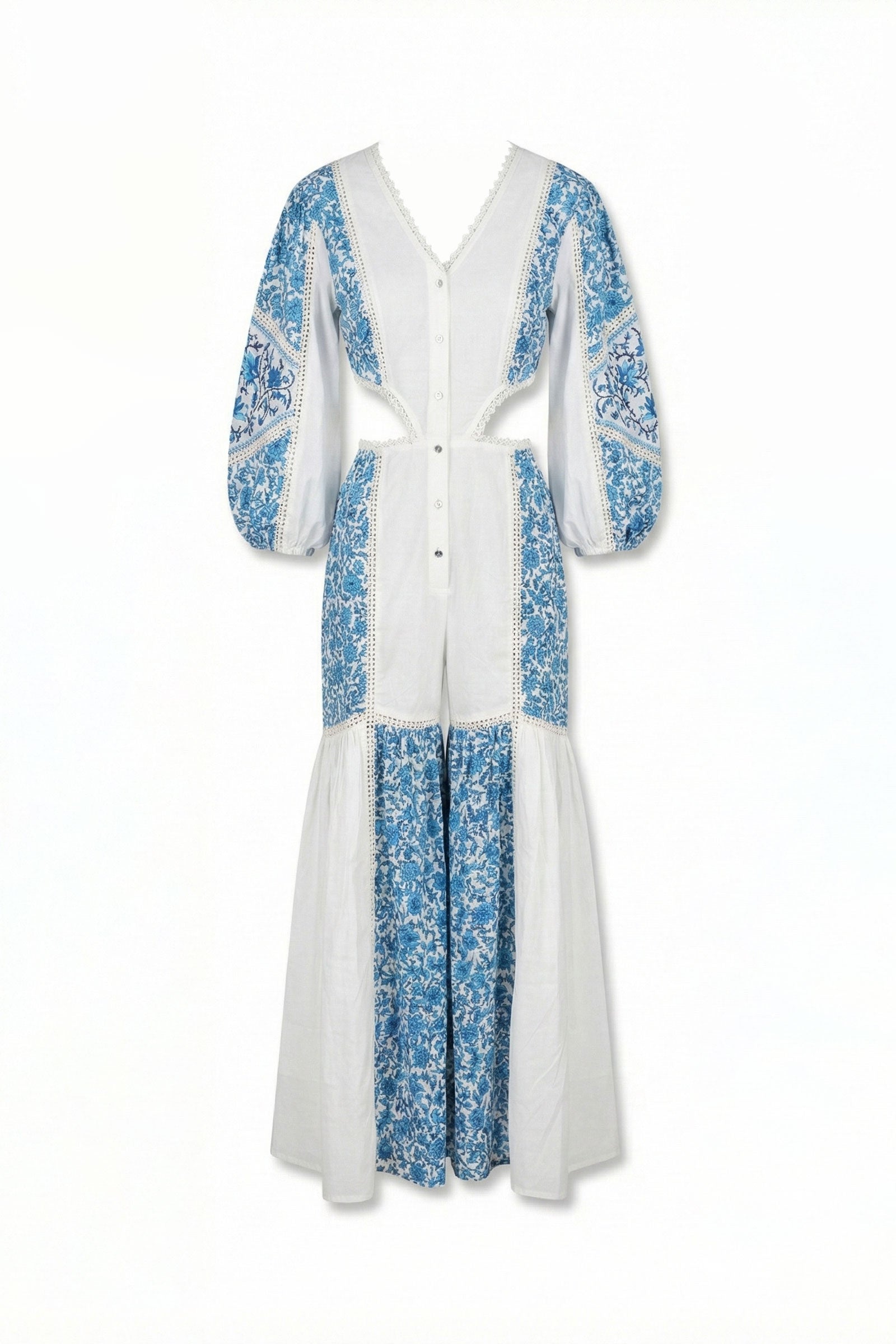 White dress with blue floral pattern on a white background