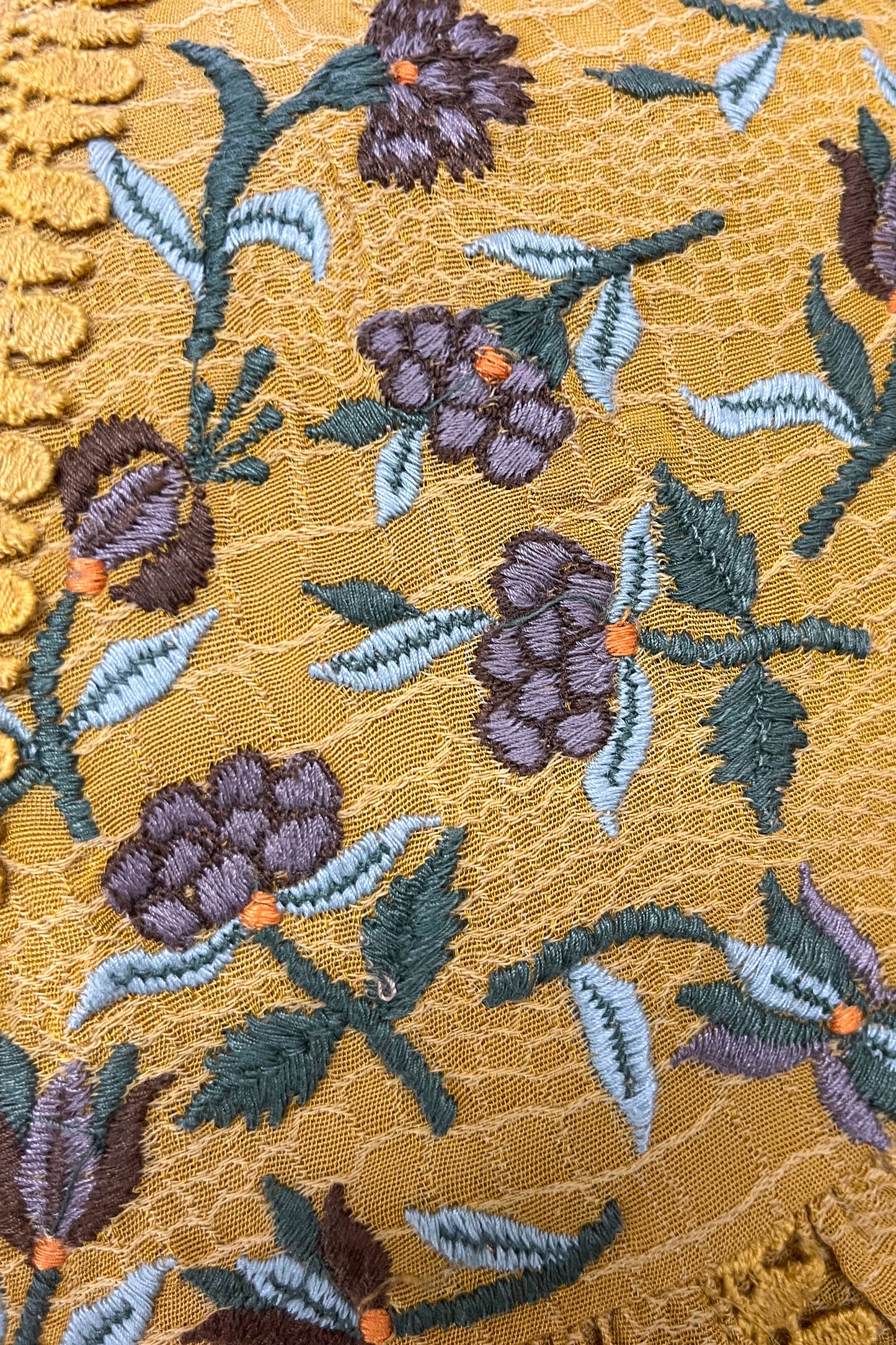 Close-up of embroidered floral pattern on a fabric background