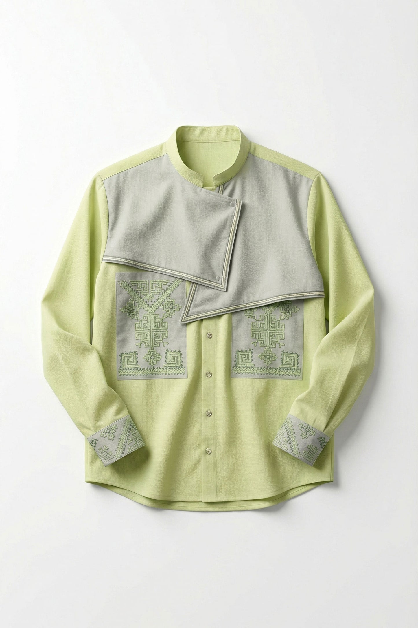 Light green shirt with geometric pattern on a white background