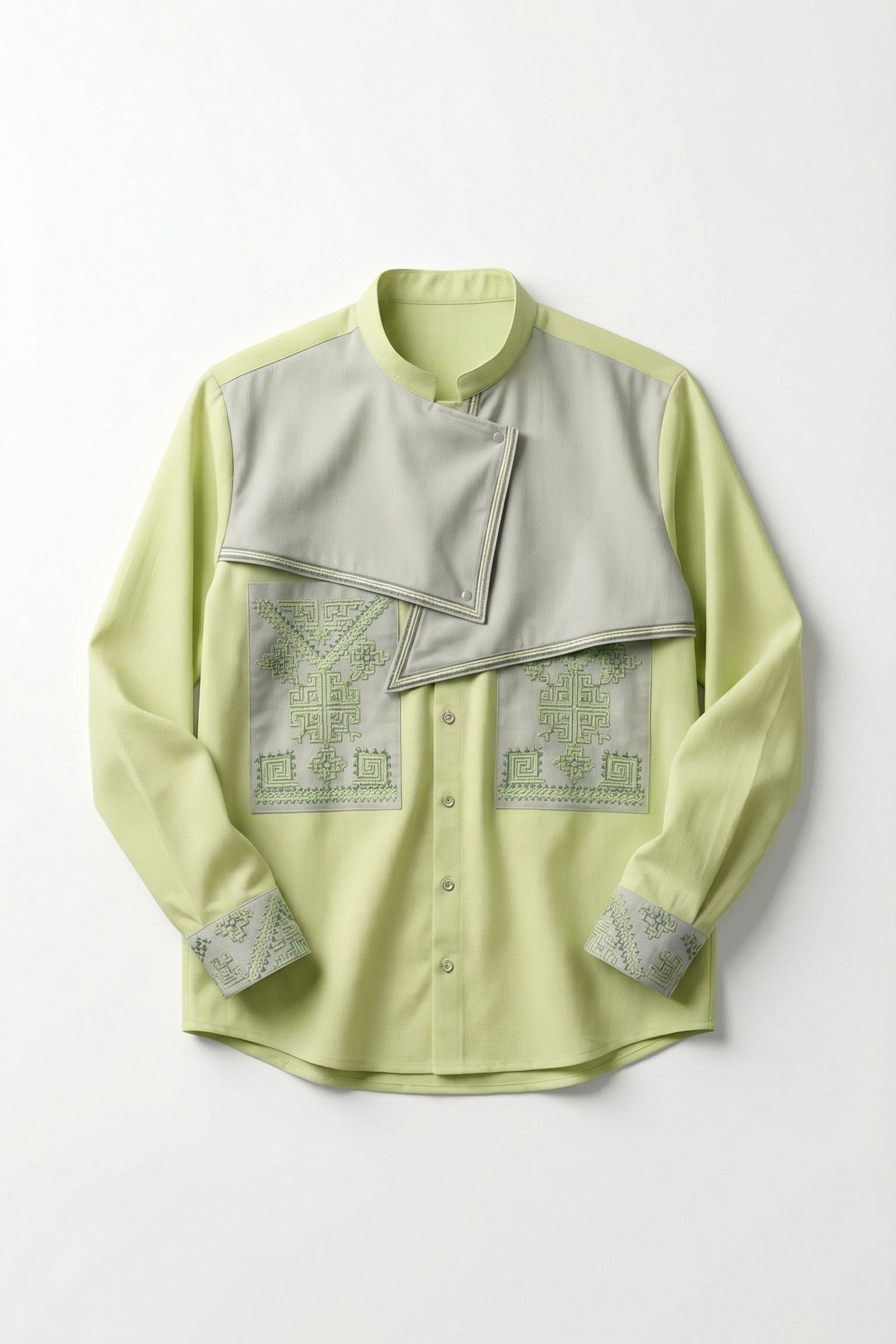 Light green shirt with geometric pattern on a white background