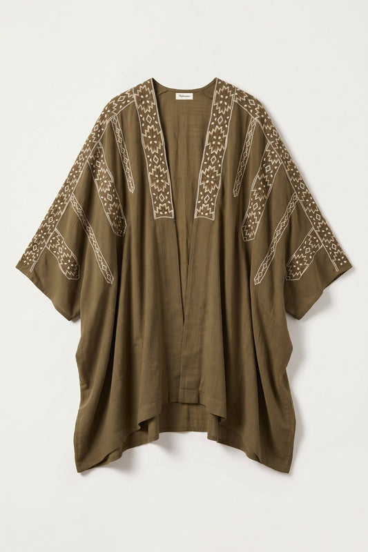Zara olive brown viscose moss crepe kaftan with ivory geometric embroidery and wide kimono-style sleeves
