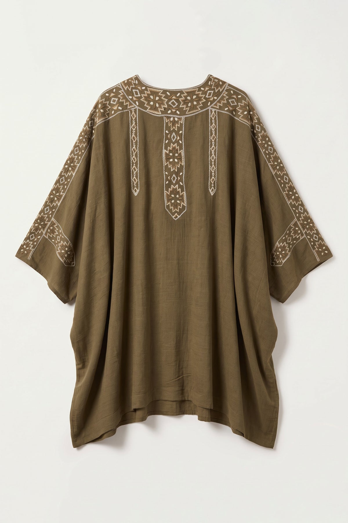 Zara olive brown viscose moss crepe kaftan with ivory geometric embroidery and wide kimono-style sleeves