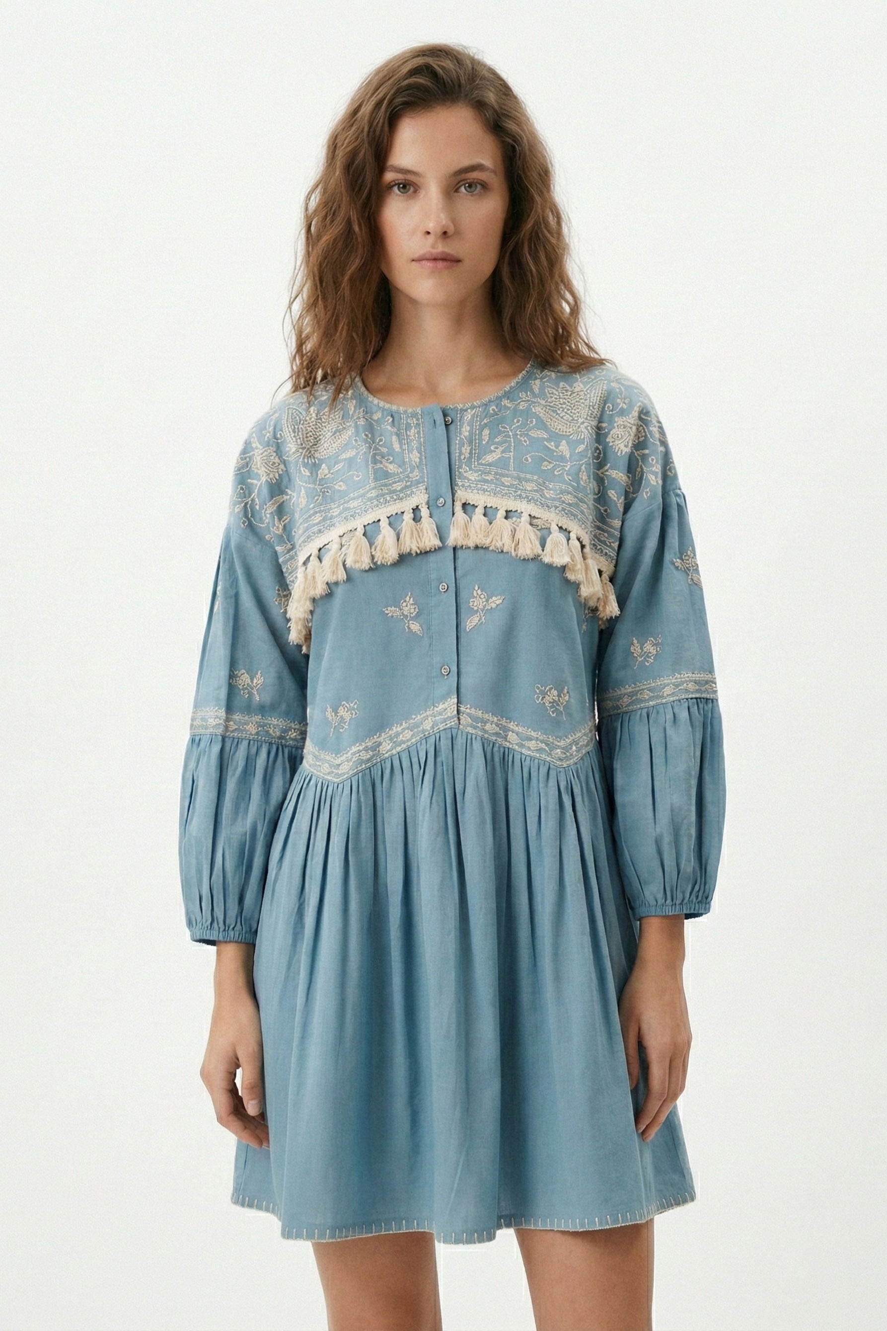 Woman wearing a blue embroidered dress on a white background