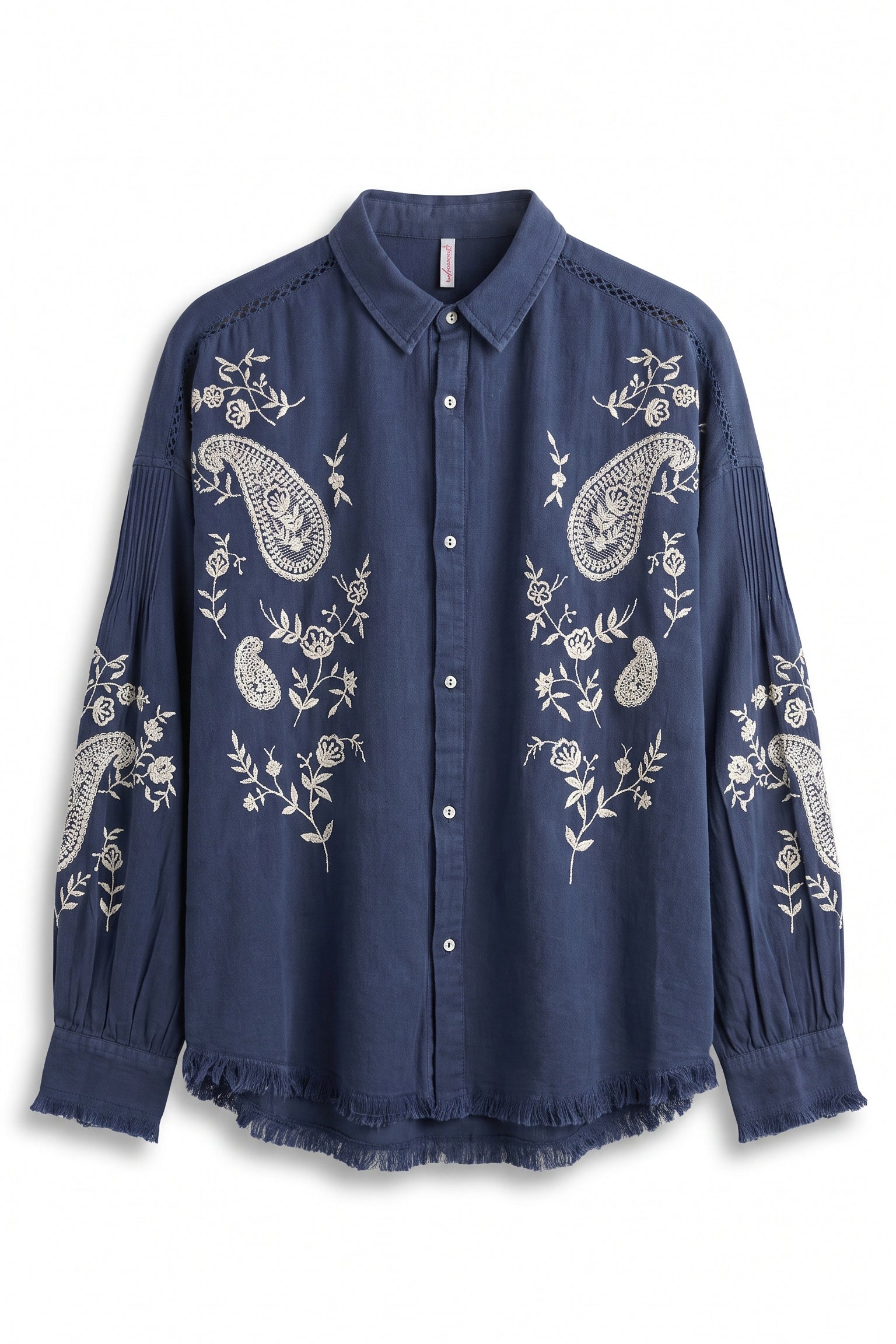 navy shirt with black floral and paisley embroidery on a white background