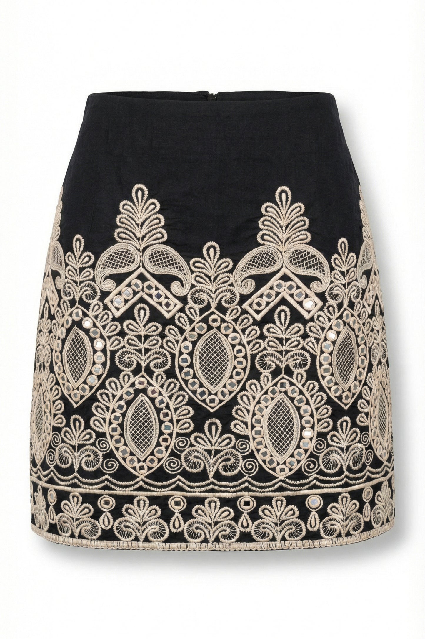 Black skirt with white lace detailing on a white background