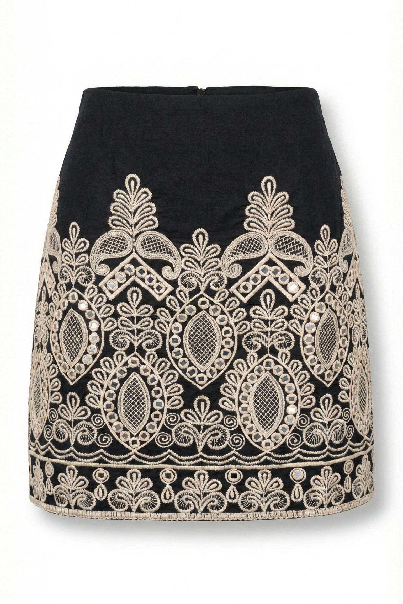 Black skirt with white lace detailing on a white background