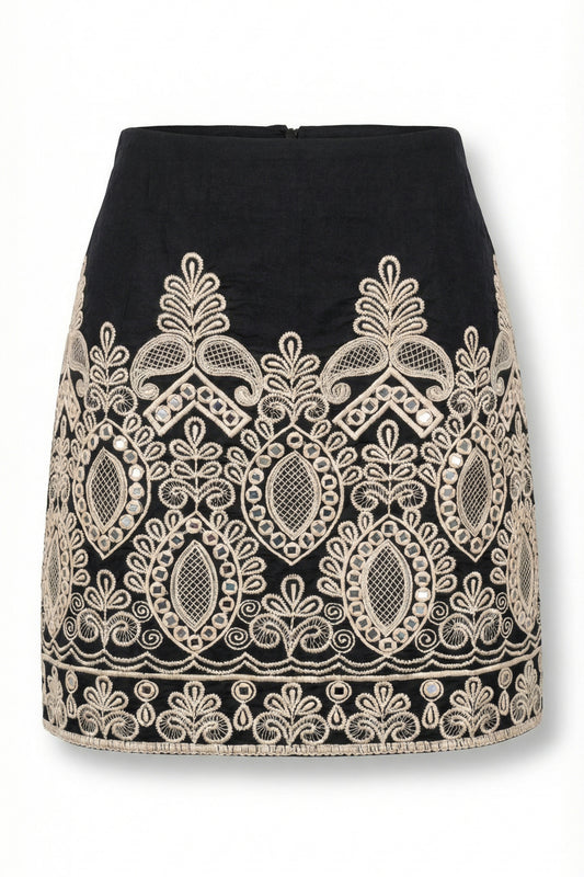 Black skirt with white lace detailing on a white background