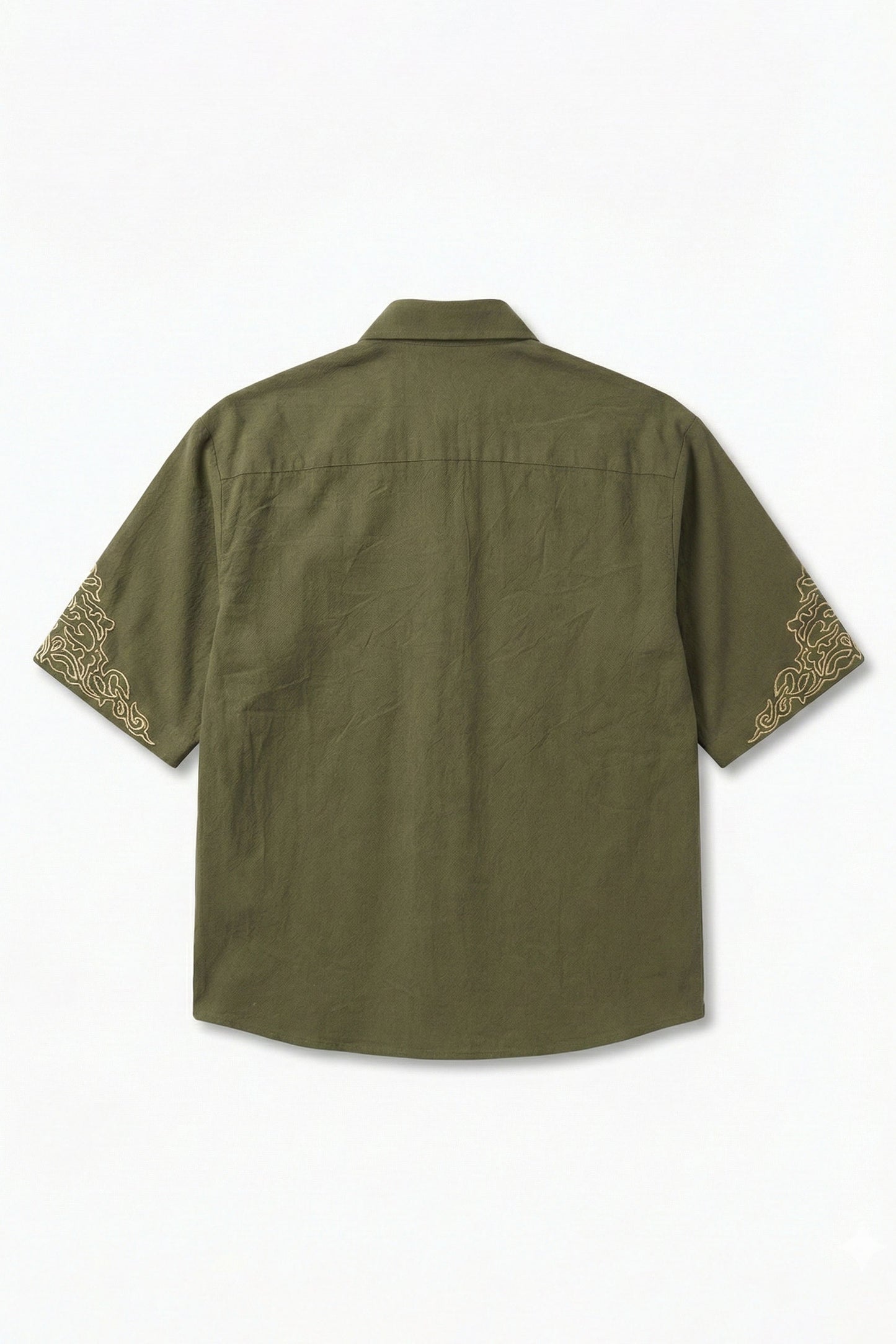 Green shirt with embroidery on sleeves on a white background