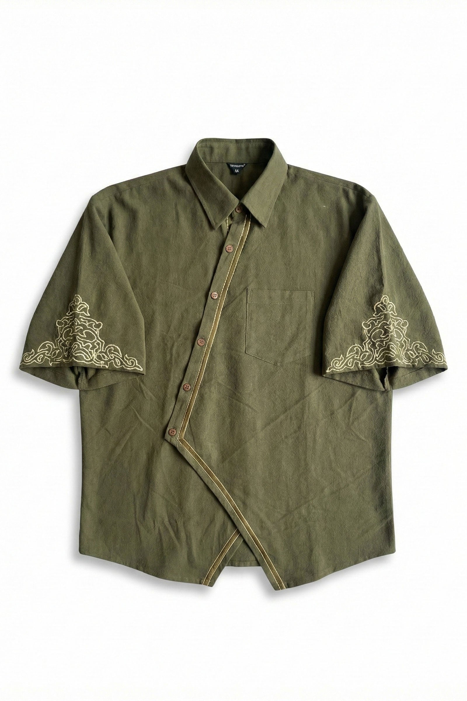 Green shirt with embroidery on sleeves and collar against a white background