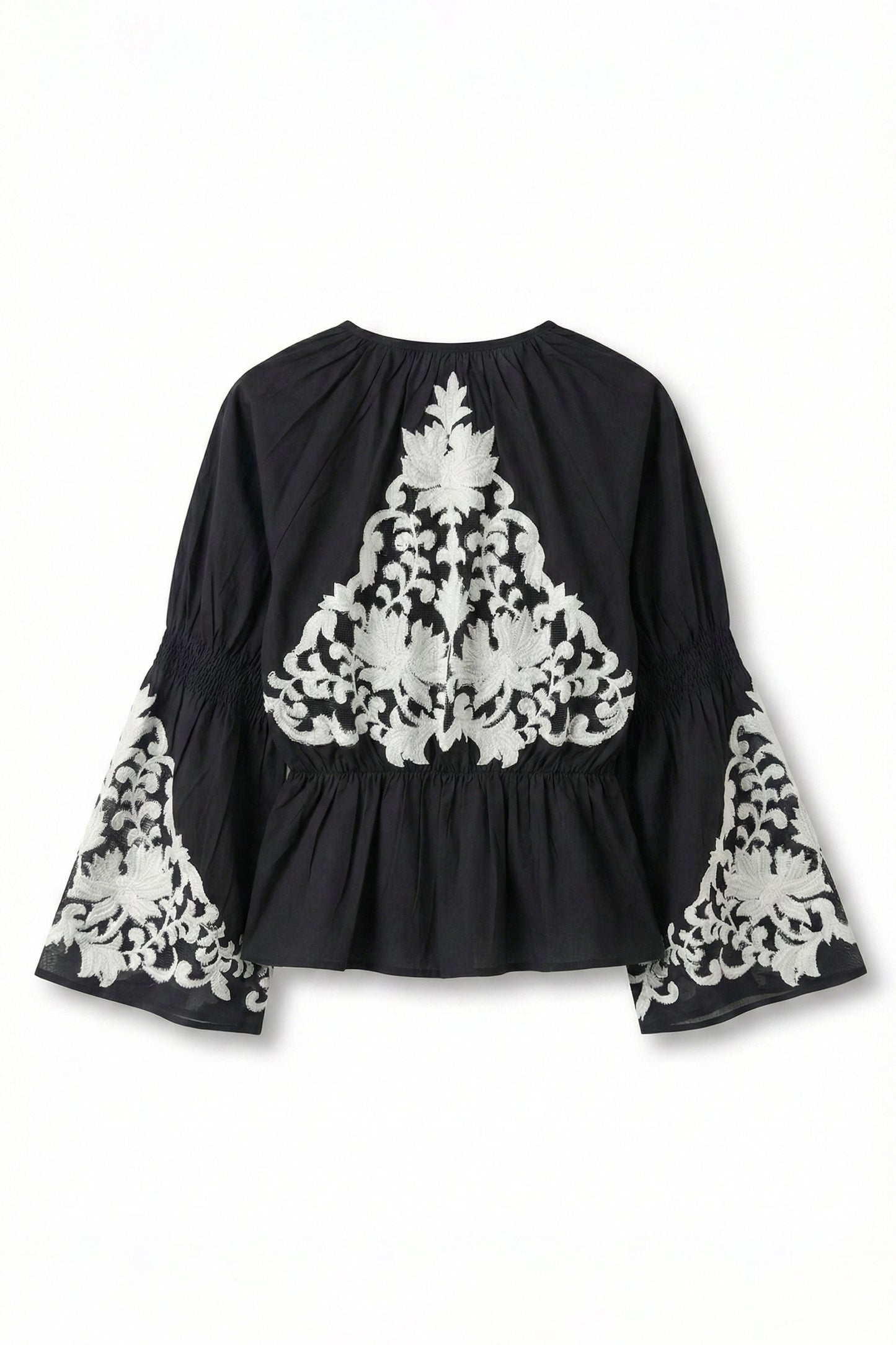 Black blouse with white lace detailing on sleeves and back on a white background