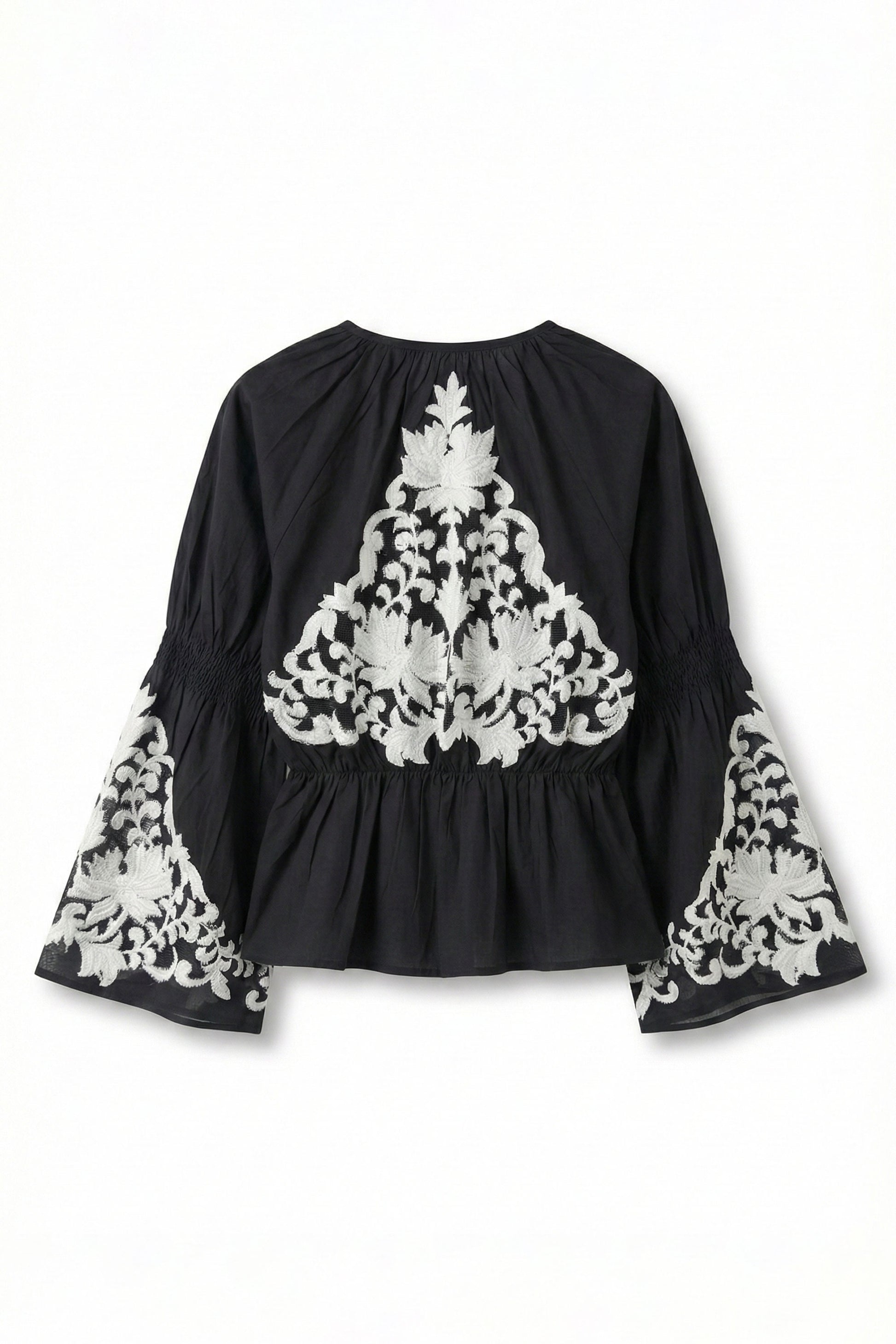 Black blouse with white lace detailing on sleeves and back on a white background