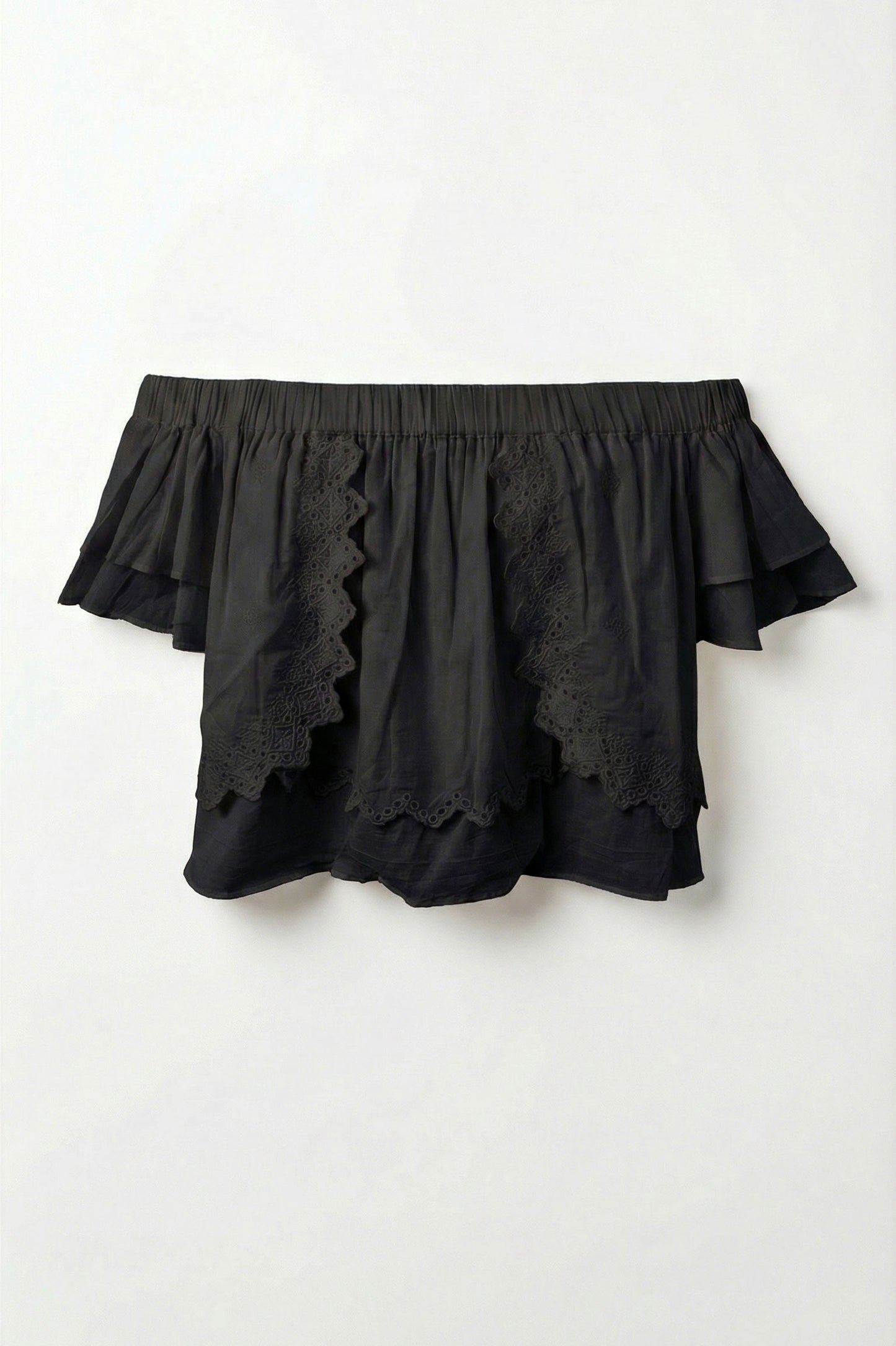 Black off-shoulder top with ruffled details on a white background