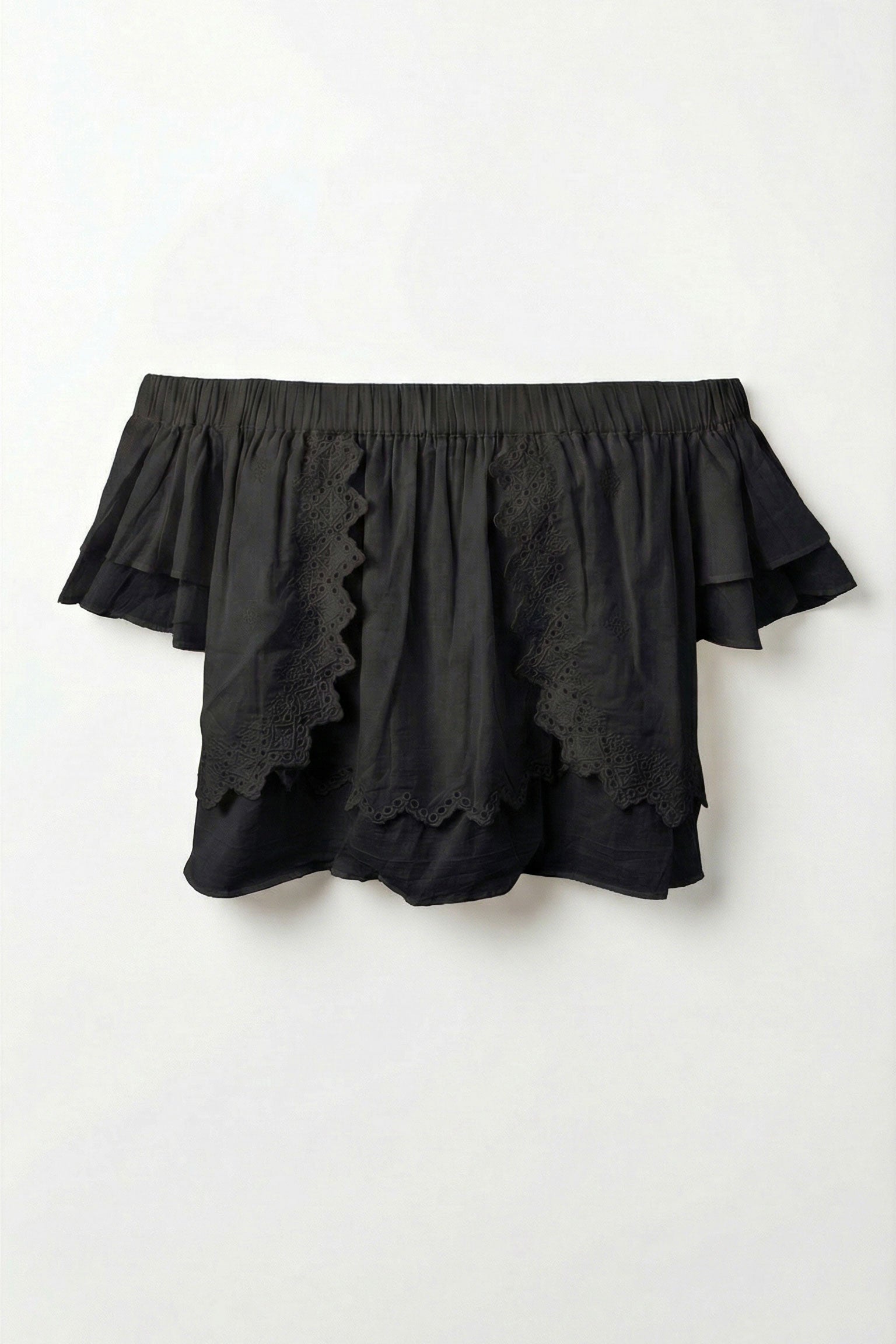 Black off-shoulder top with ruffled details on a white background