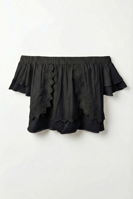 Black off-shoulder top with ruffled details on a white background