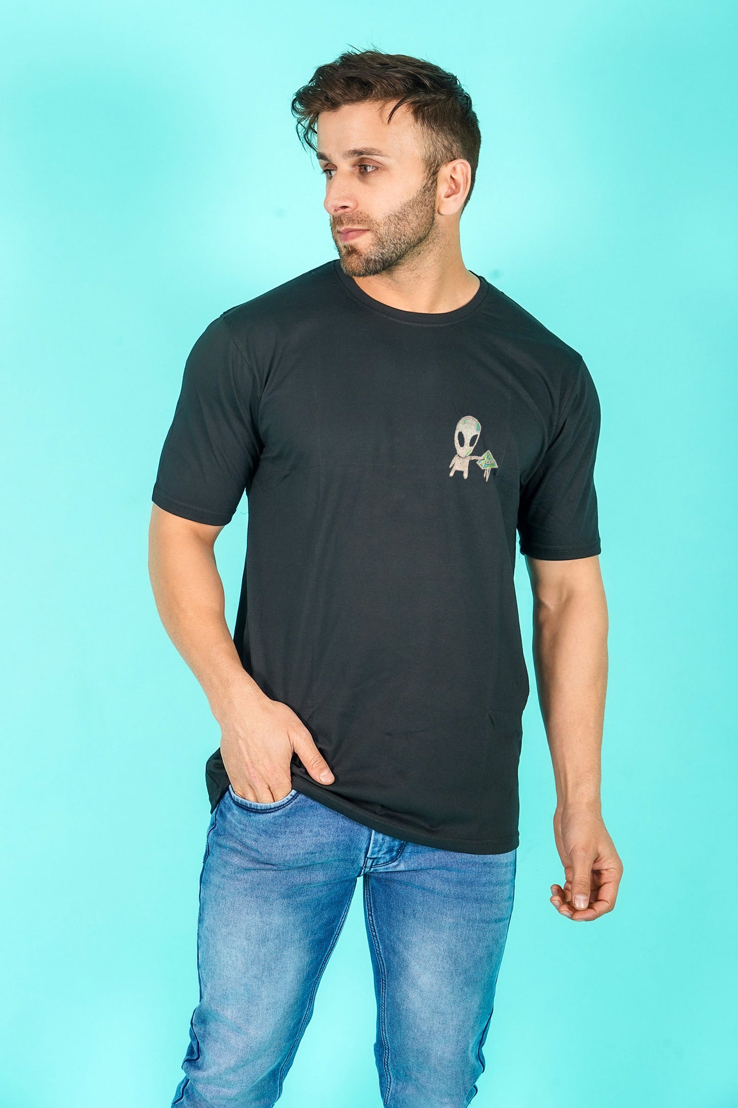 Space Trip Embroidered Artwork Half Sleeve Black T-shirt For Men